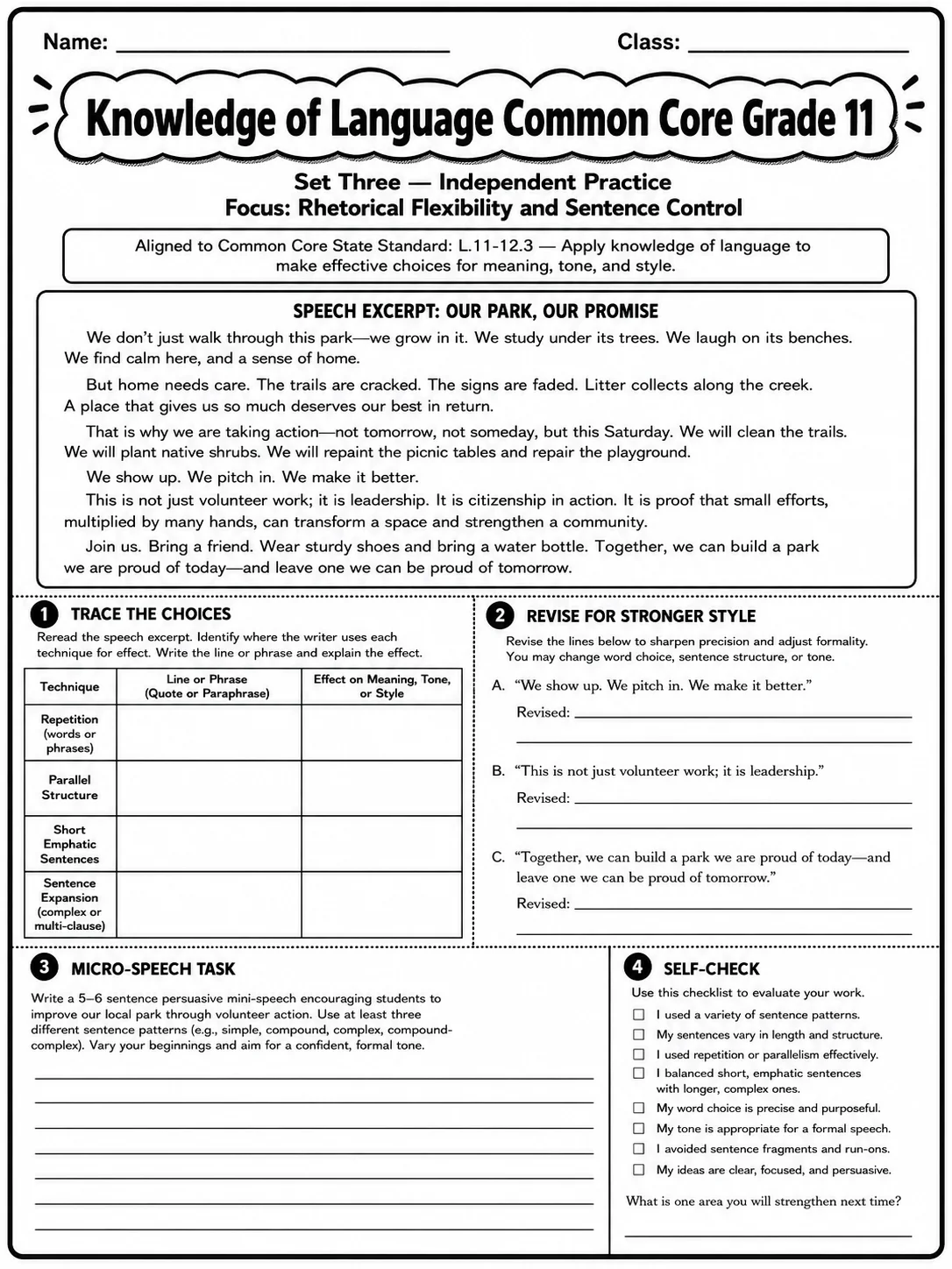 Knowledge of Language Common Core Grade 11 page 9 printable Common Core ELA worksheet preview