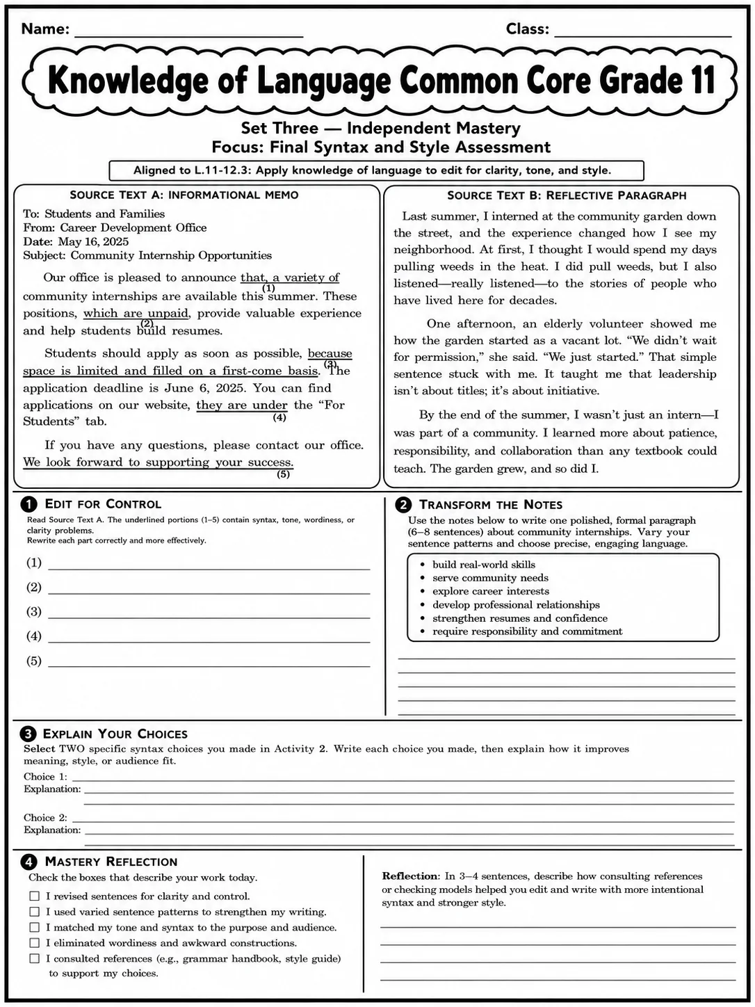 Knowledge of Language Common Core Grade 11 page 10 printable Common Core ELA worksheet preview