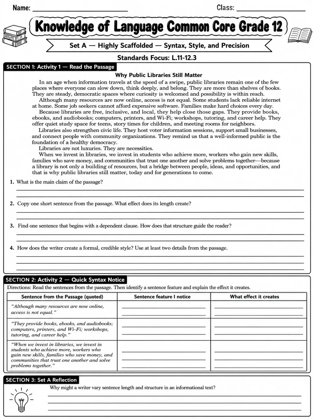 Knowledge of Language Common Core Grade 12