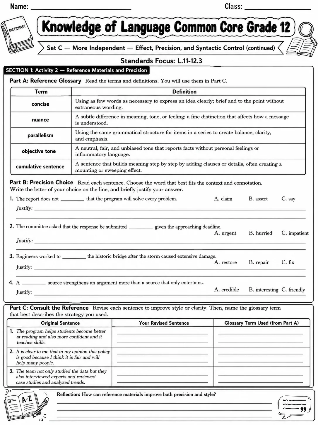 Knowledge of Language Common Core Grade 12 page 2 printable Common Core ELA worksheet preview