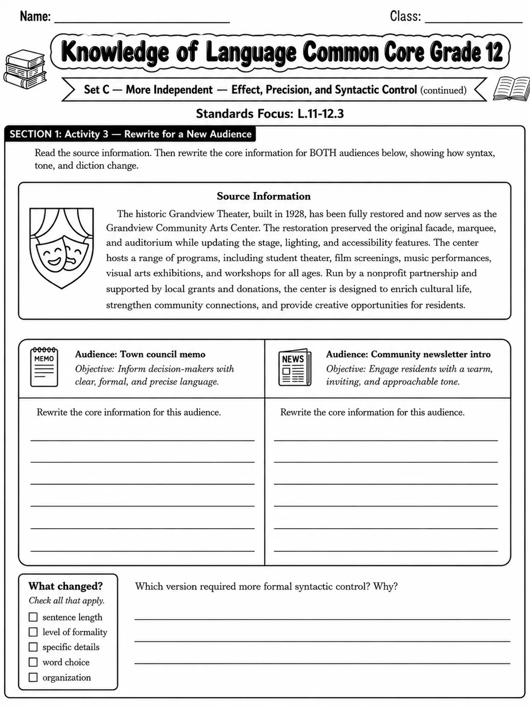 Knowledge of Language Common Core Grade 12 page 3 printable Common Core ELA worksheet preview