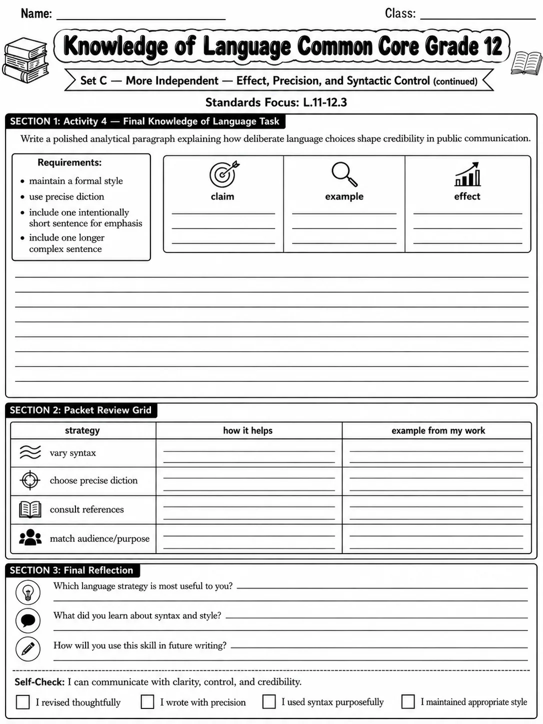 Knowledge of Language Common Core Grade 12 page 4 printable Common Core ELA worksheet preview