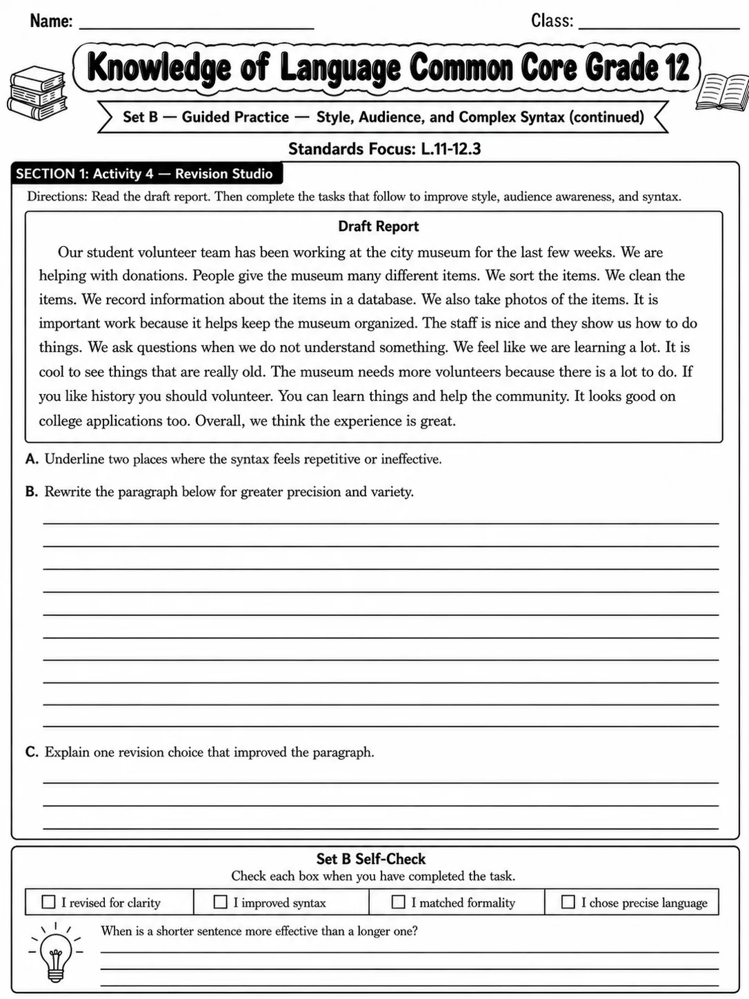 Knowledge of Language Common Core Grade 12 page 5 printable Common Core ELA worksheet preview