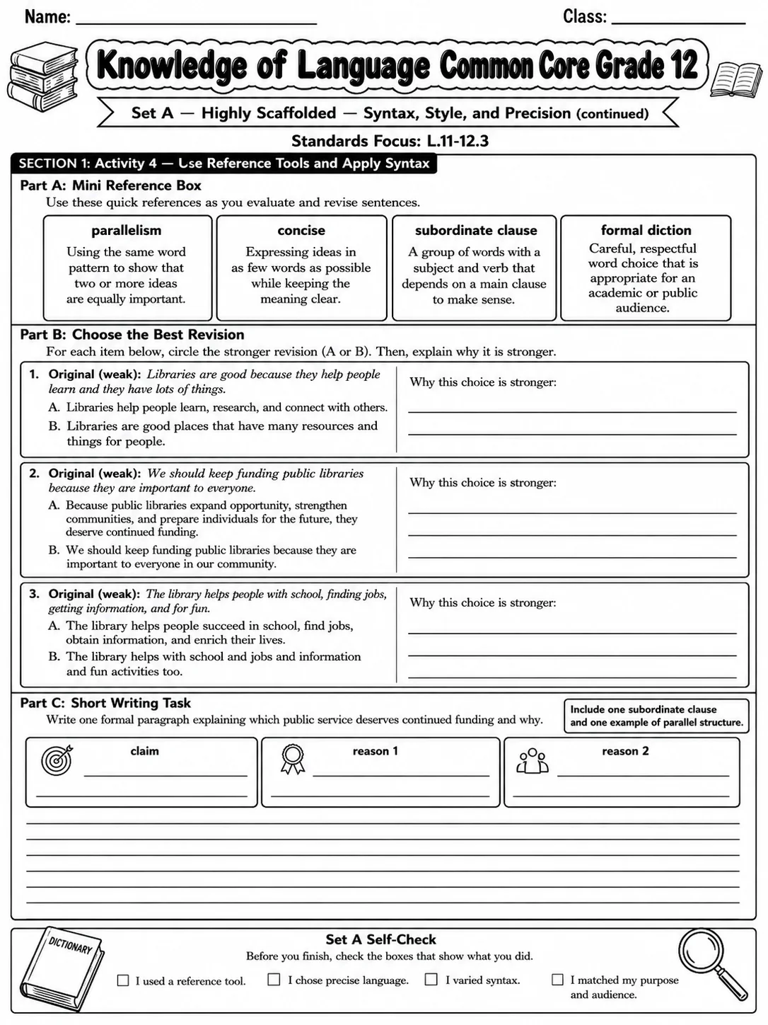 Knowledge of Language Common Core Grade 12 page 6 printable Common Core ELA worksheet preview