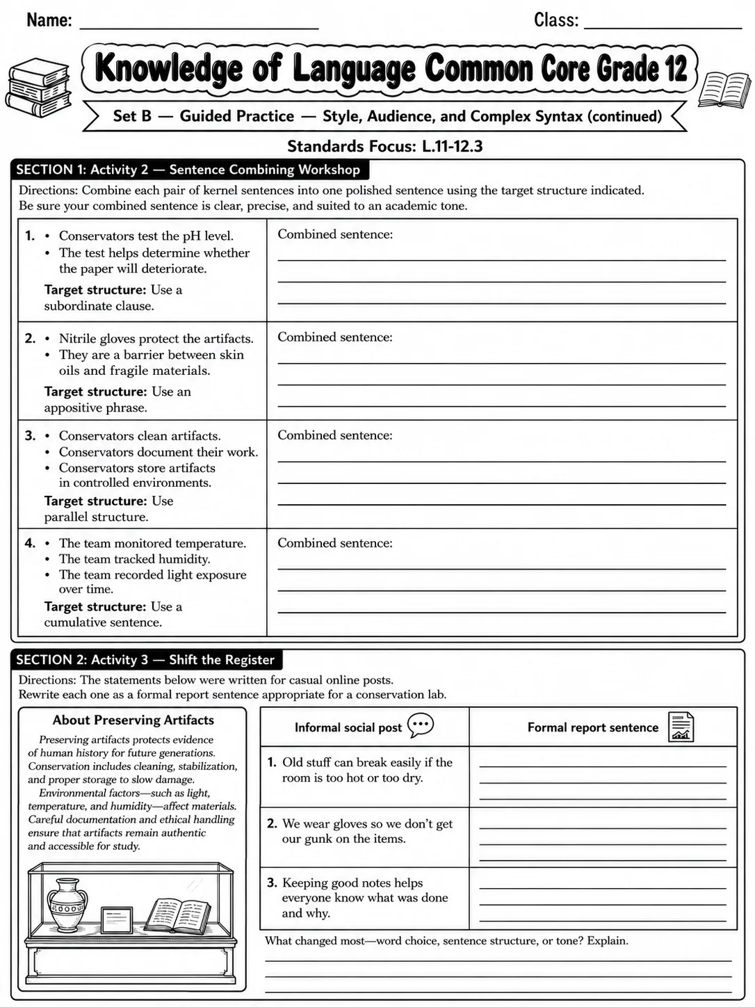 Knowledge of Language Common Core Grade 12 page 7 printable Common Core ELA worksheet preview