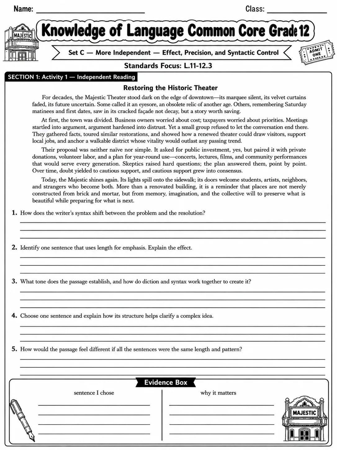 Knowledge of Language Common Core Grade 12 page 8 printable Common Core ELA worksheet preview