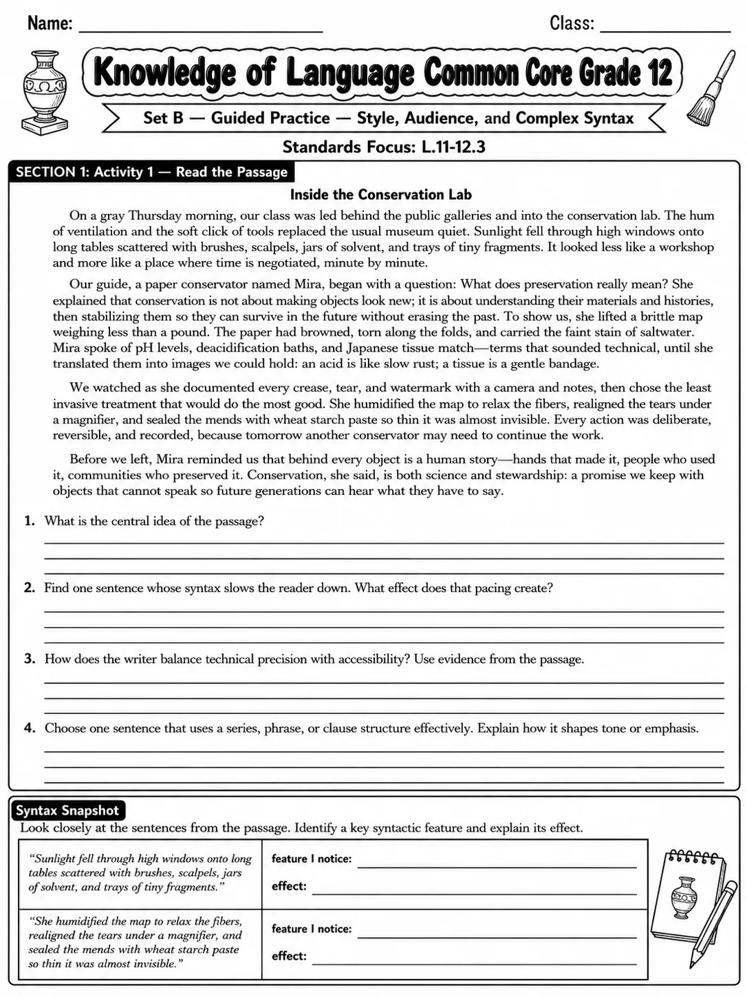 Knowledge of Language Common Core Grade 12 page 9 printable Common Core ELA worksheet preview