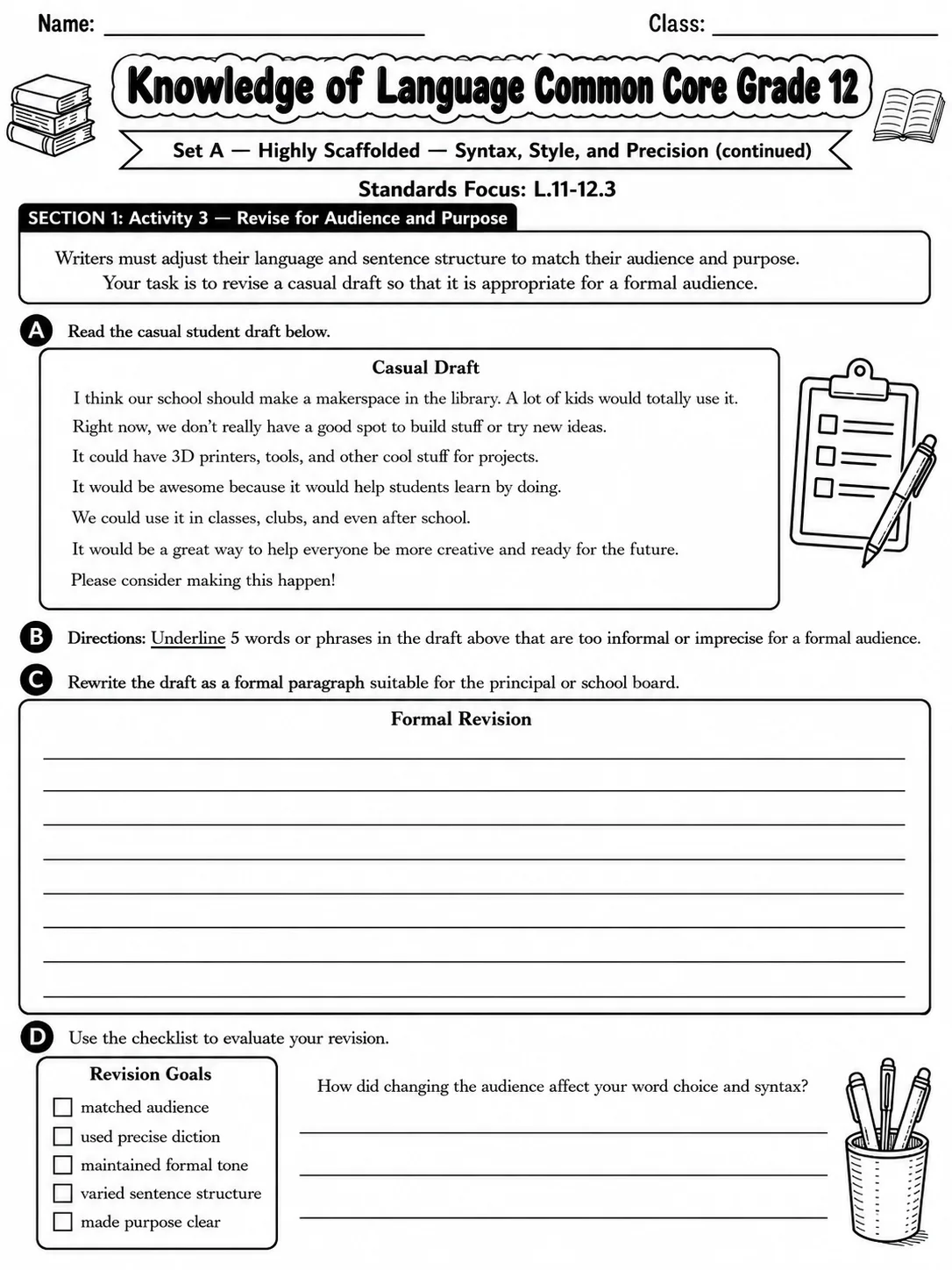 Knowledge of Language Common Core Grade 12 page 10 printable Common Core ELA worksheet preview