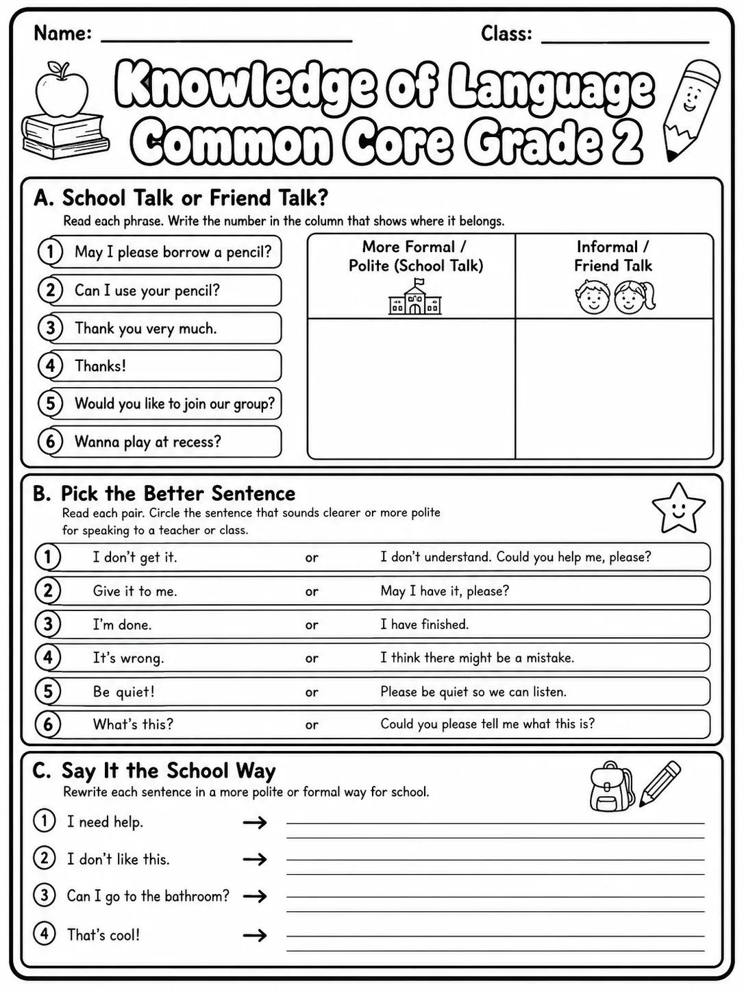 Knowledge of Language Common Core Grade 2 page 2 printable Common Core ELA worksheet preview