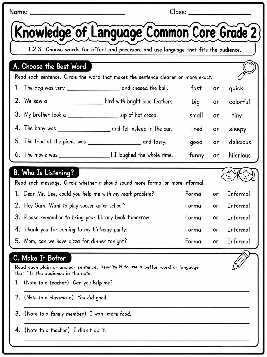 Knowledge of Language Common Core Grade 2 page 3 printable Common Core ELA worksheet preview