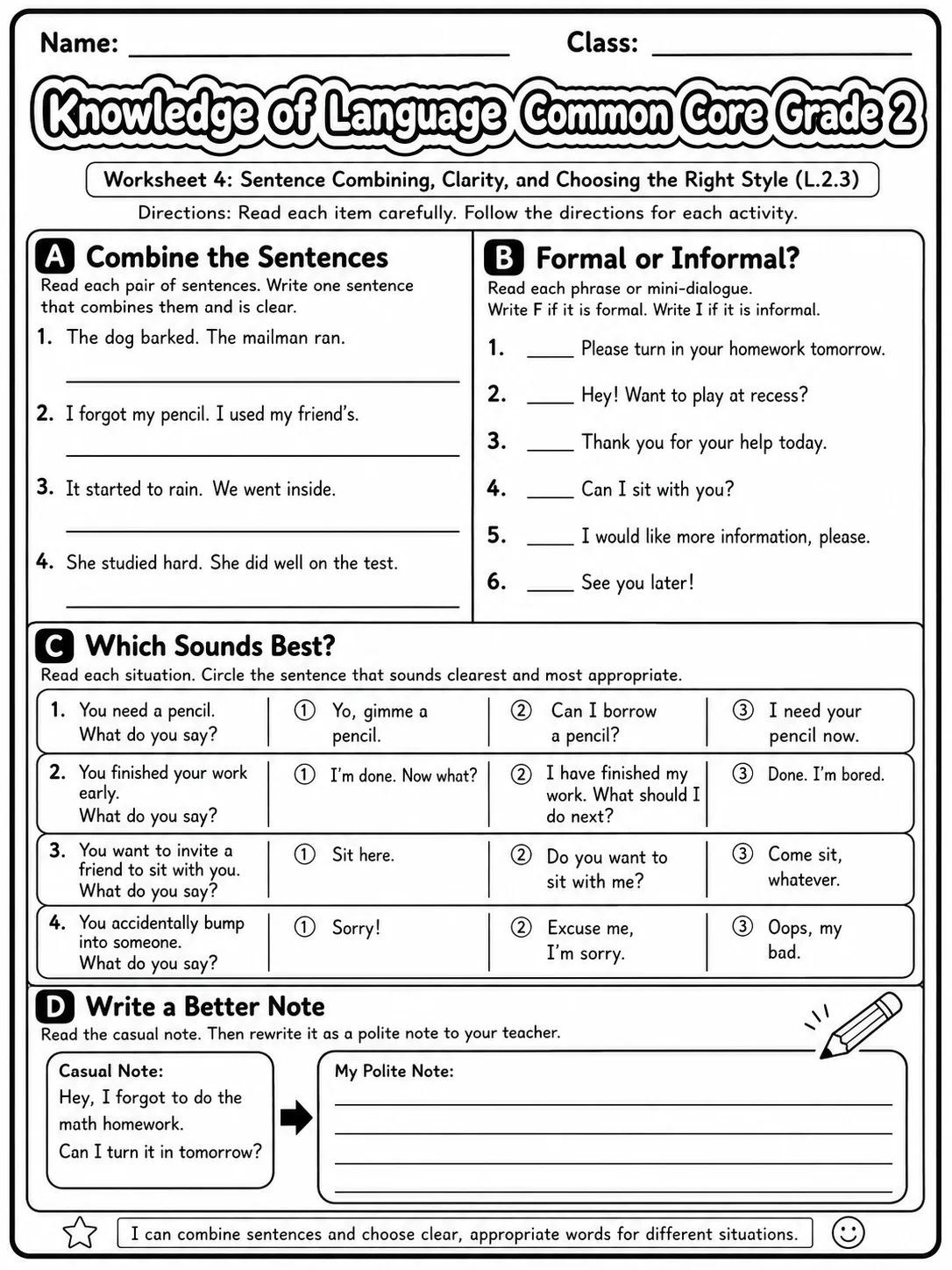 Knowledge of Language Common Core Grade 2 page 4 printable Common Core ELA worksheet preview
