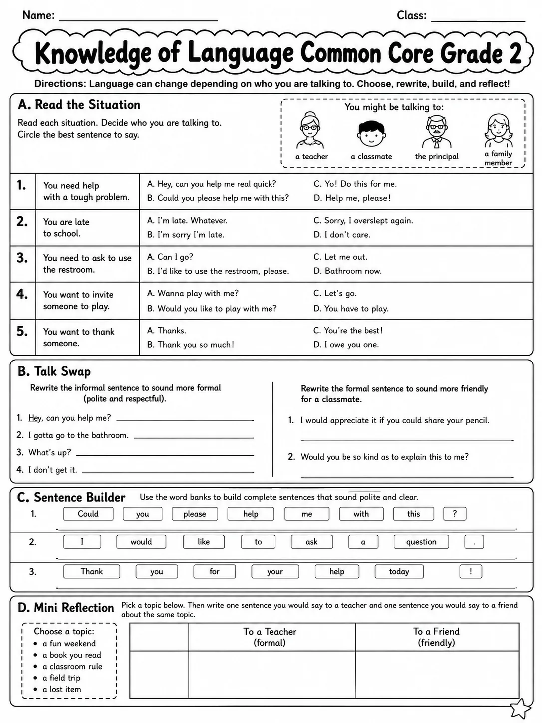Knowledge of Language Common Core Grade 2 page 5 printable Common Core ELA worksheet preview