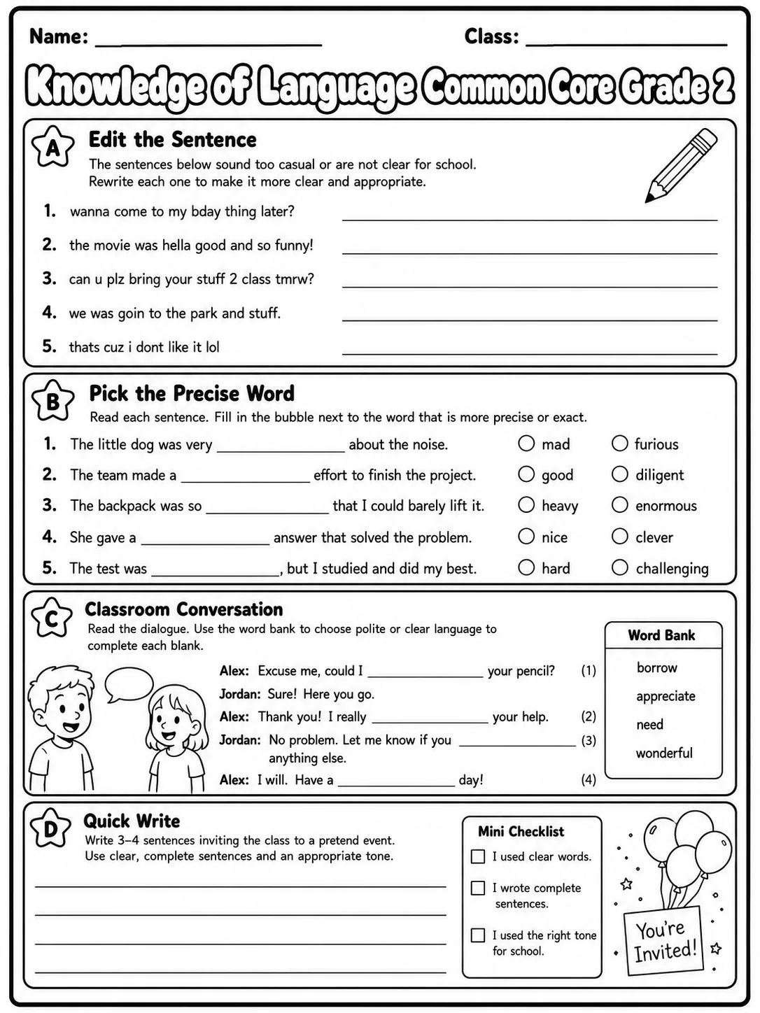Knowledge of Language Common Core Grade 2 page 6 printable Common Core ELA worksheet preview
