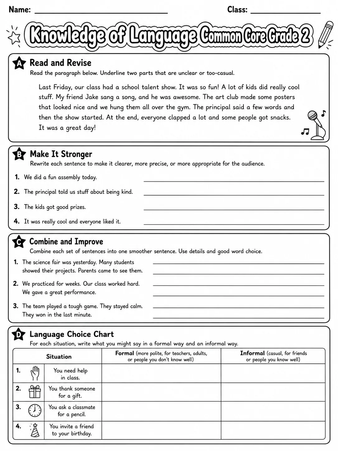 Knowledge of Language Common Core Grade 2 page 8 printable Common Core ELA worksheet preview