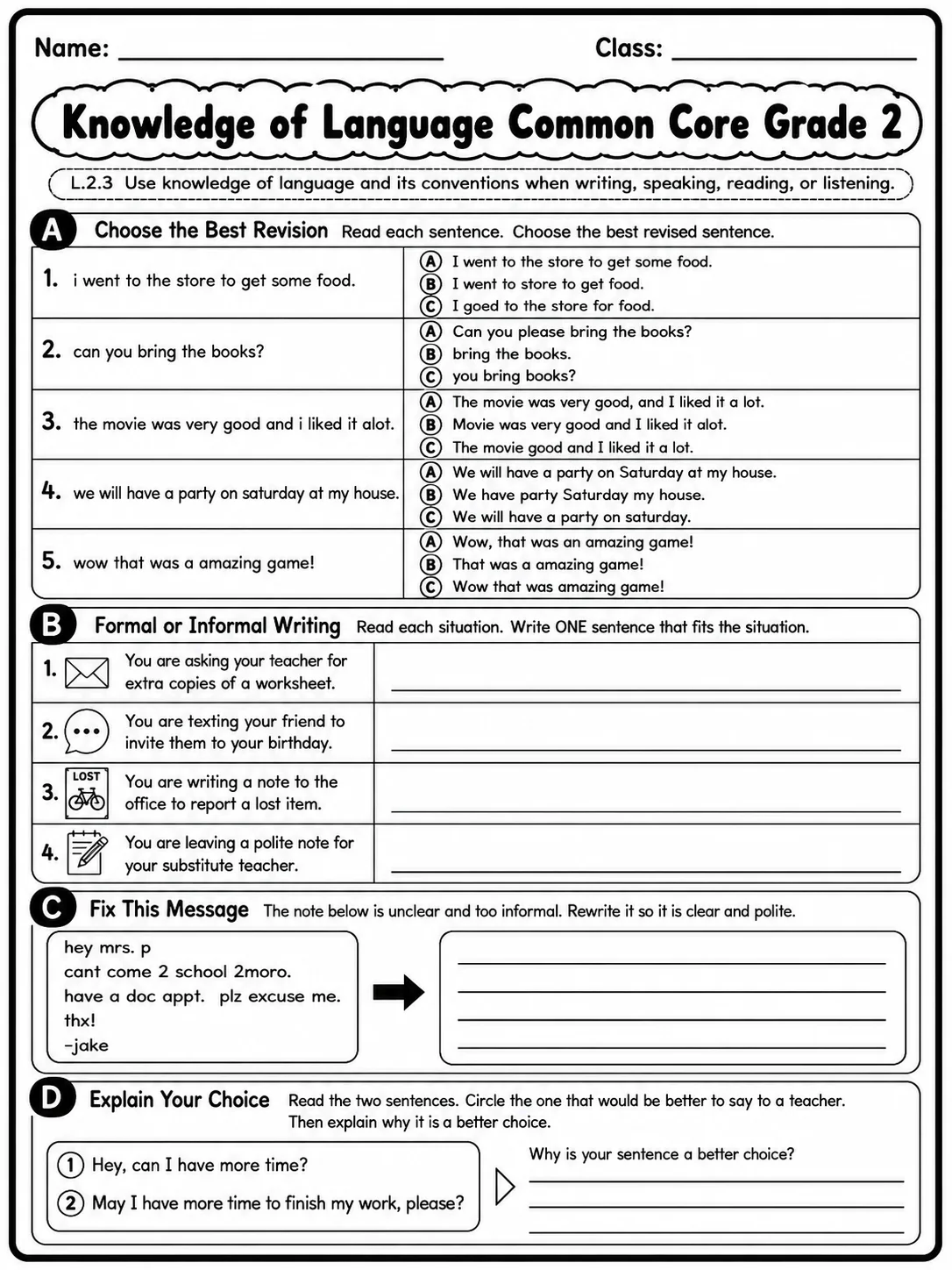Knowledge of Language Common Core Grade 2 page 9 printable Common Core ELA worksheet preview