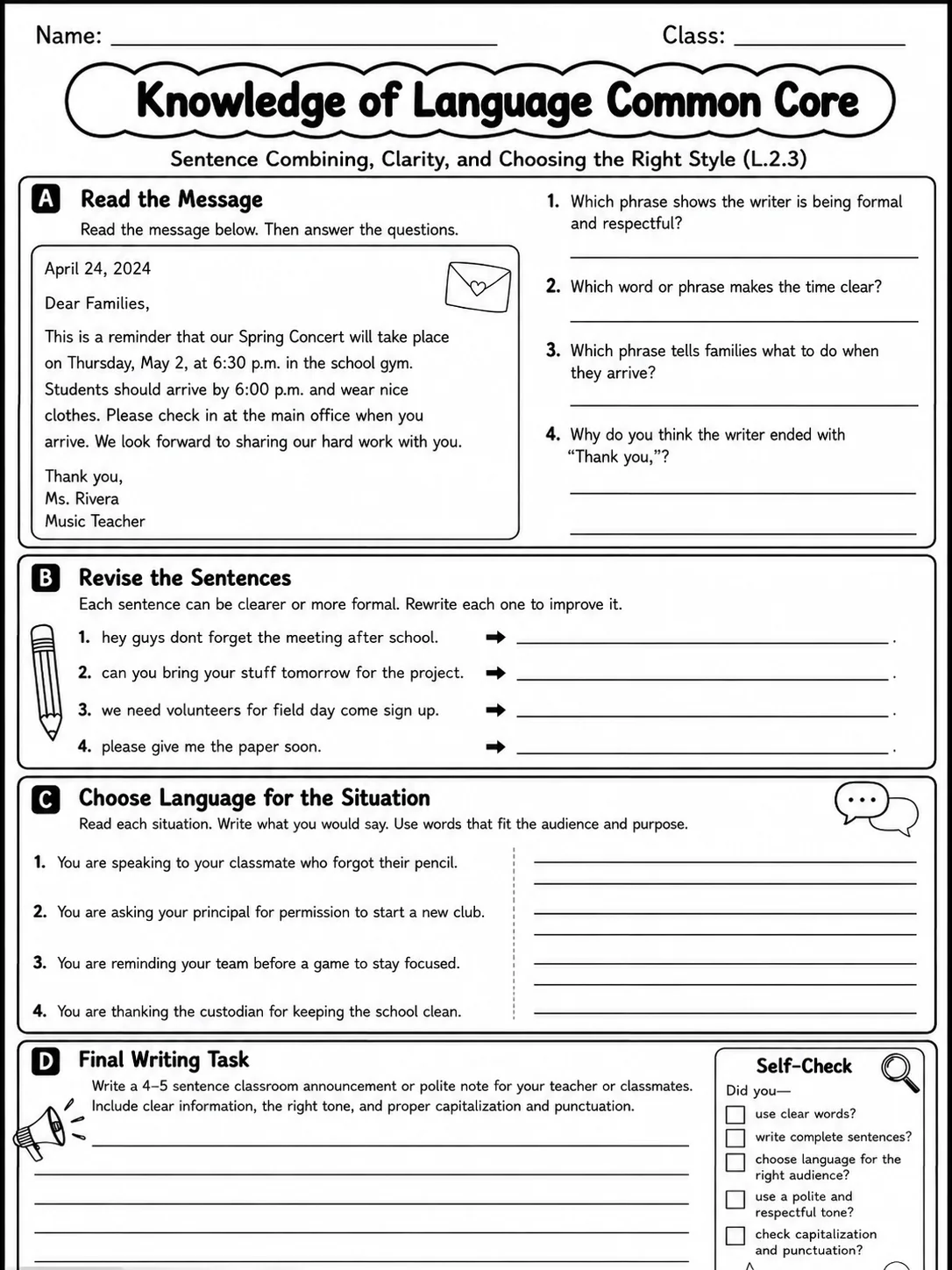 Knowledge of Language Common Core Grade 2 page 10 printable Common Core ELA worksheet preview