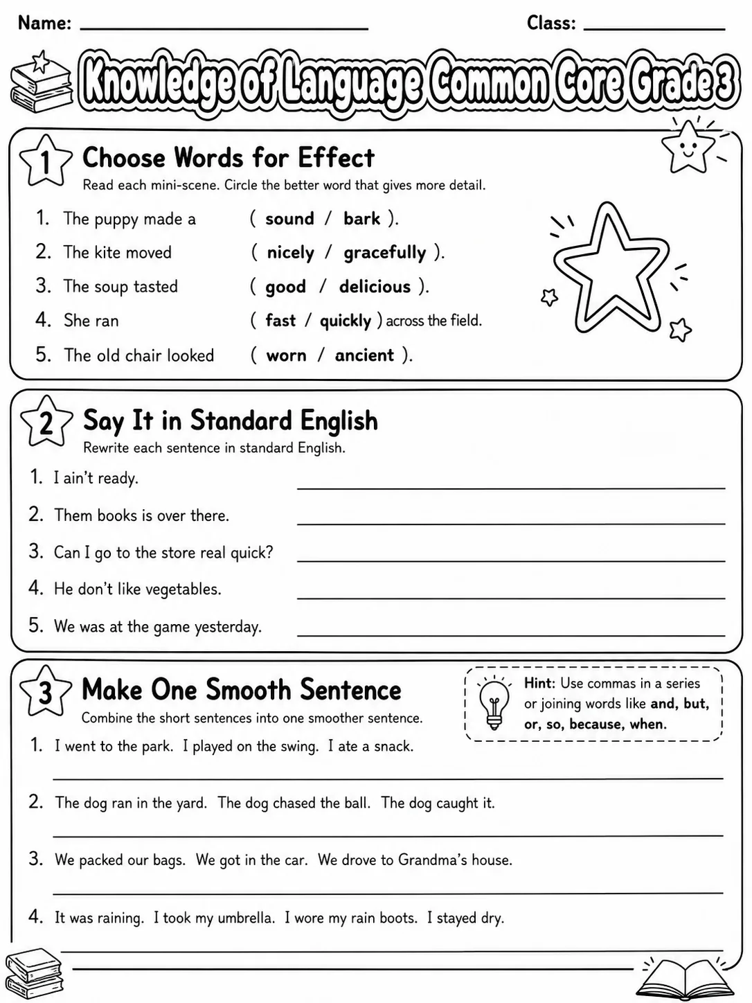 Knowledge of Language Common Core Grade 3 page 2 printable Common Core ELA worksheet preview