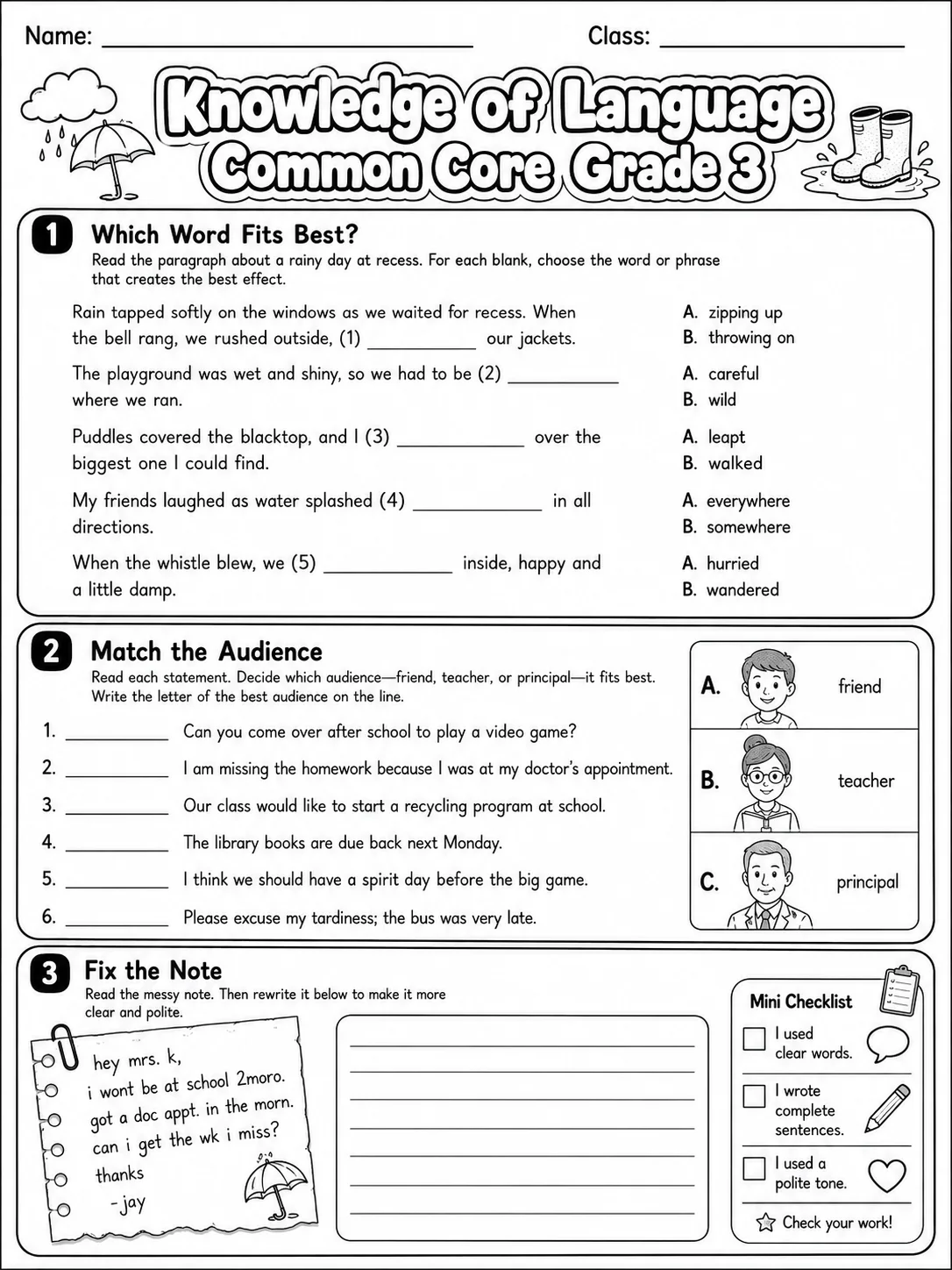 Knowledge of Language Common Core Grade 3 page 3 printable Common Core ELA worksheet preview