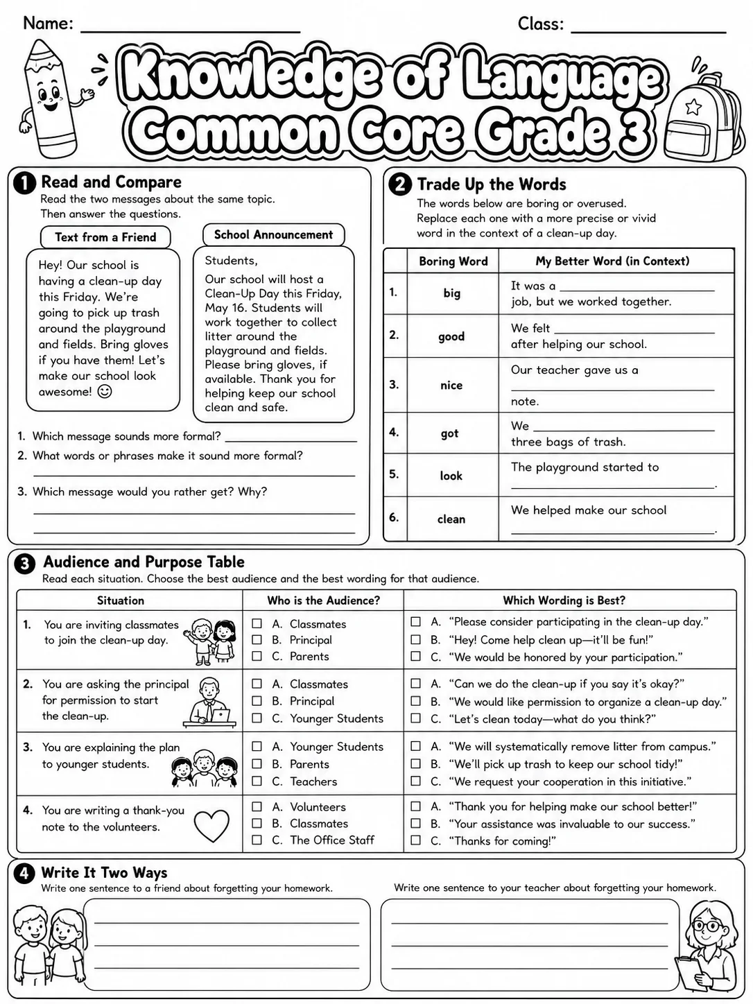 Knowledge of Language Common Core Grade 3 page 5 printable Common Core ELA worksheet preview