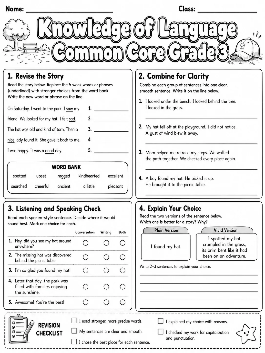 Knowledge of Language Common Core Grade 3 page 6 printable Common Core ELA worksheet preview