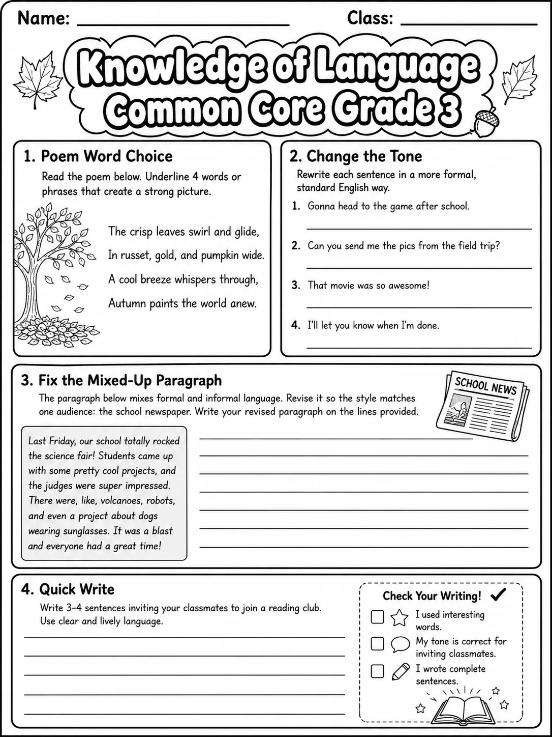 Knowledge of Language Common Core Grade 3 page 7 printable Common Core ELA worksheet preview
