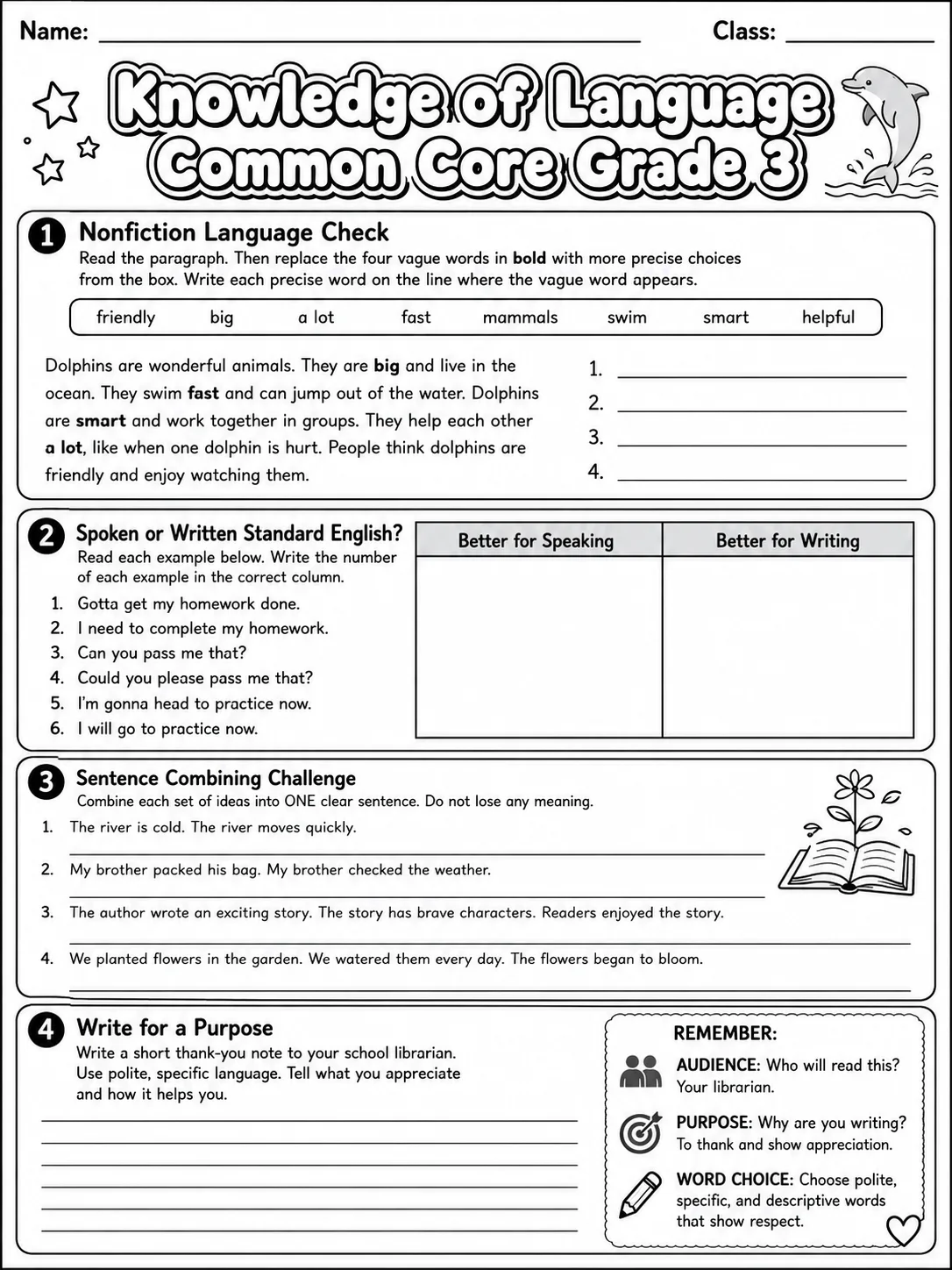 Knowledge of Language Common Core Grade 3 page 8 printable Common Core ELA worksheet preview
