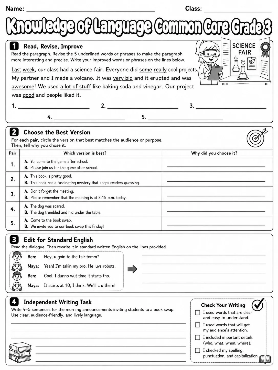 Knowledge of Language Common Core Grade 3 page 9 printable Common Core ELA worksheet preview