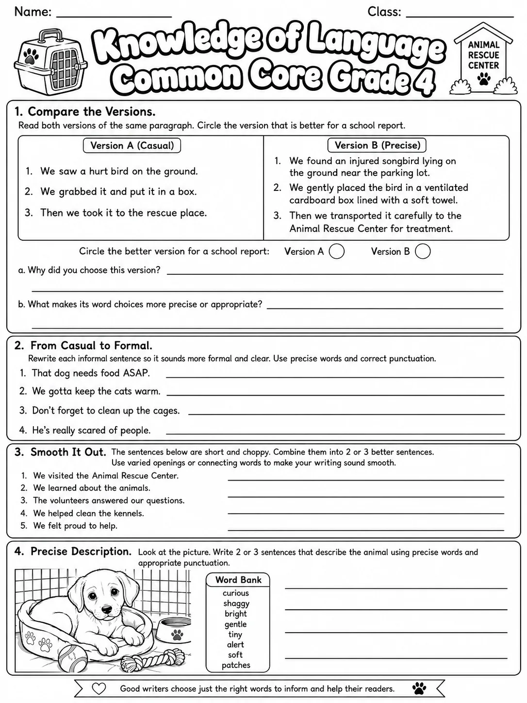 Knowledge of Language Common Core Grade 4 page 7 printable Common Core ELA worksheet preview