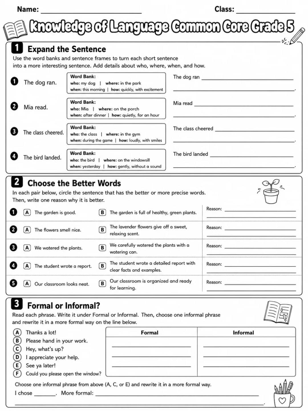 Knowledge of Language Common Core Grade 5 printable Common Core ELA Grade 5 worksheet preview from KiwiBee