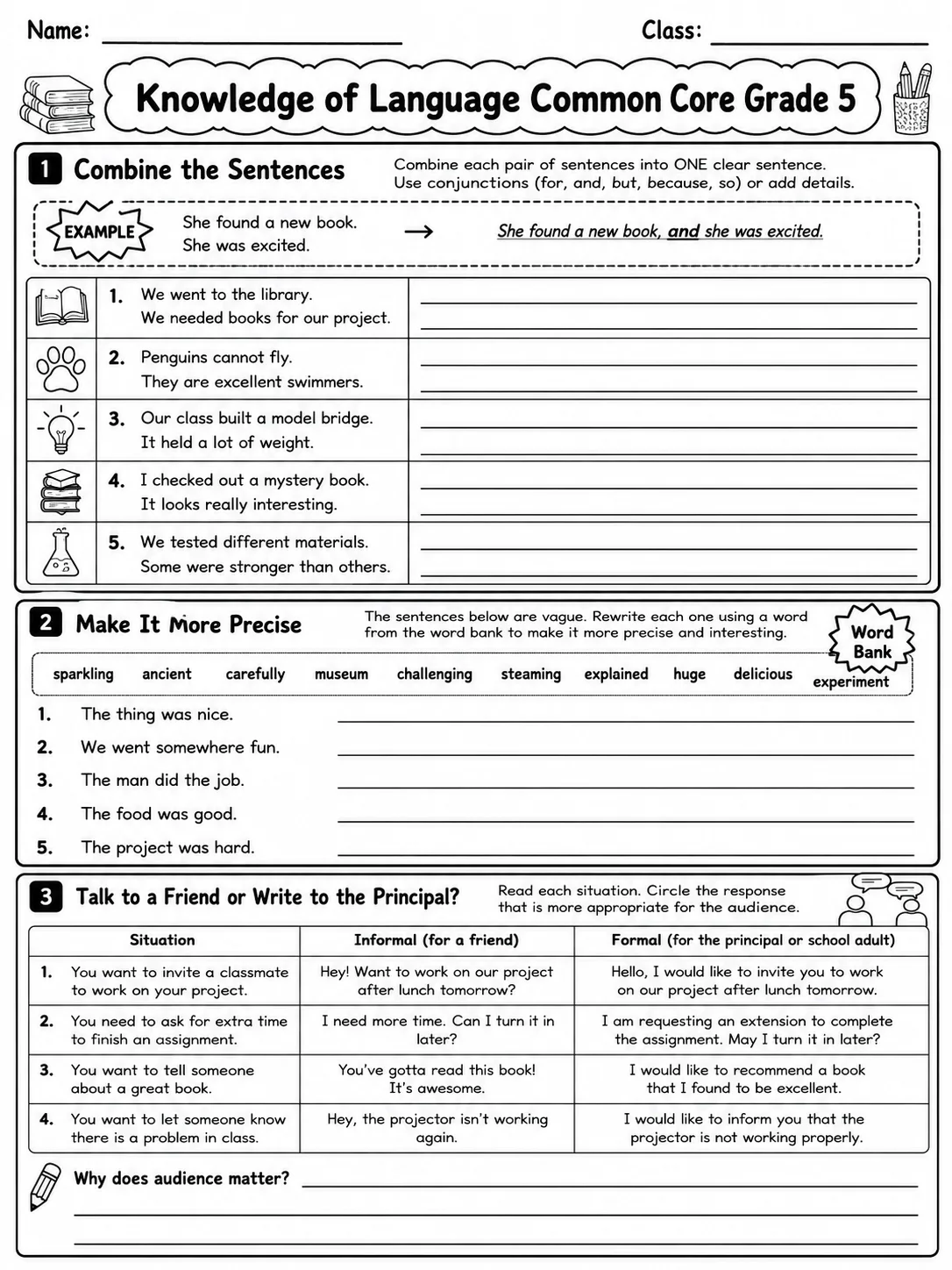 Knowledge of Language Common Core Grade 5 page 2 printable Common Core ELA worksheet preview