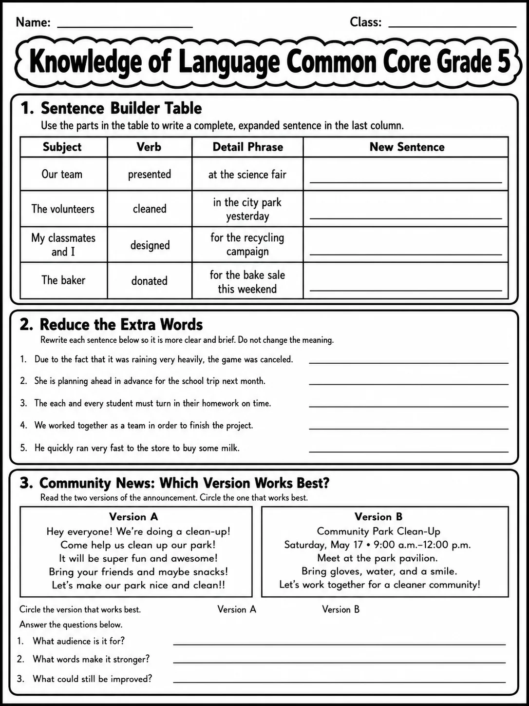 Knowledge of Language Common Core Grade 5 page 3 printable Common Core ELA worksheet preview