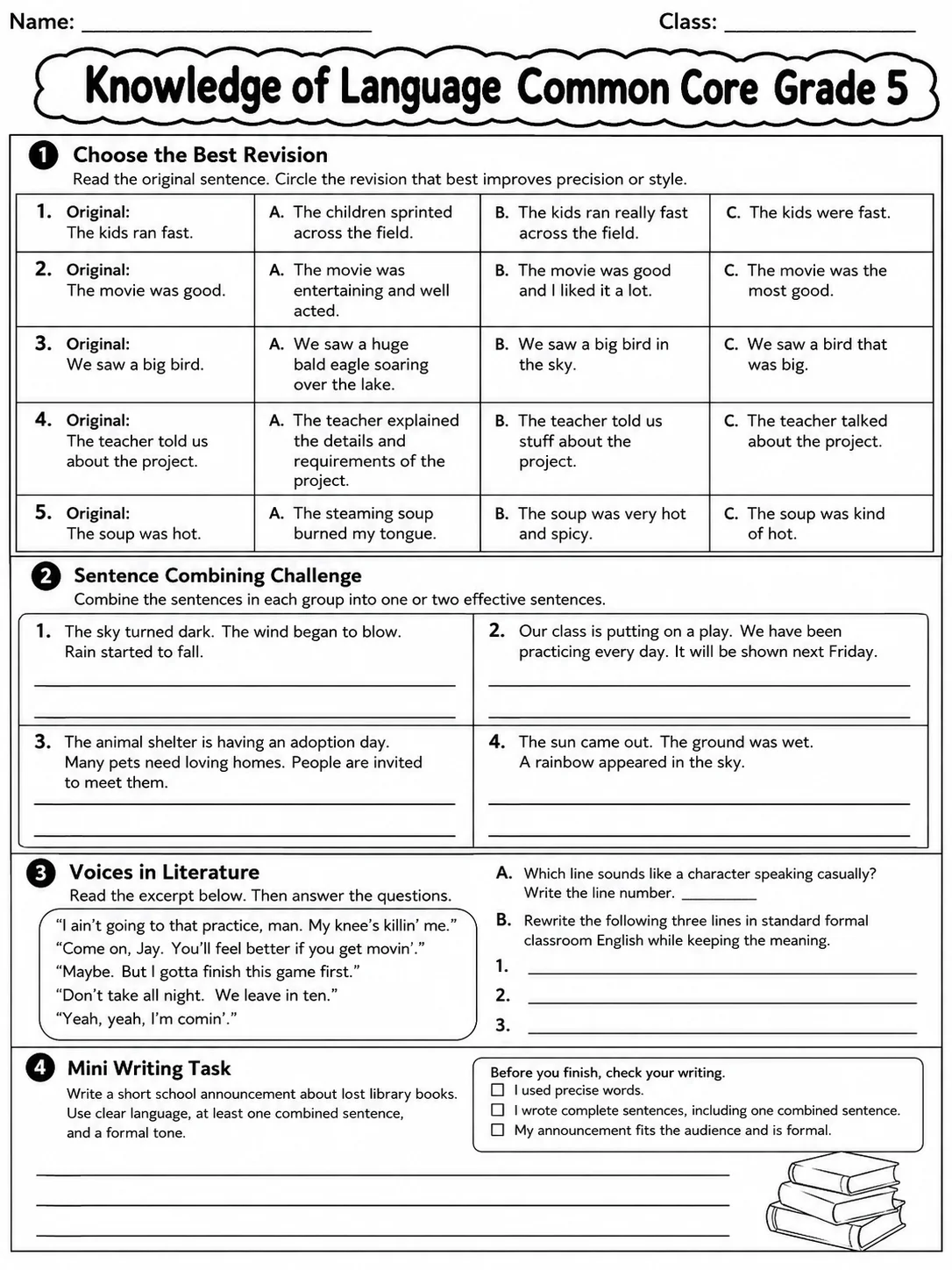 Knowledge of Language Common Core Grade 5 page 5 printable Common Core ELA worksheet preview