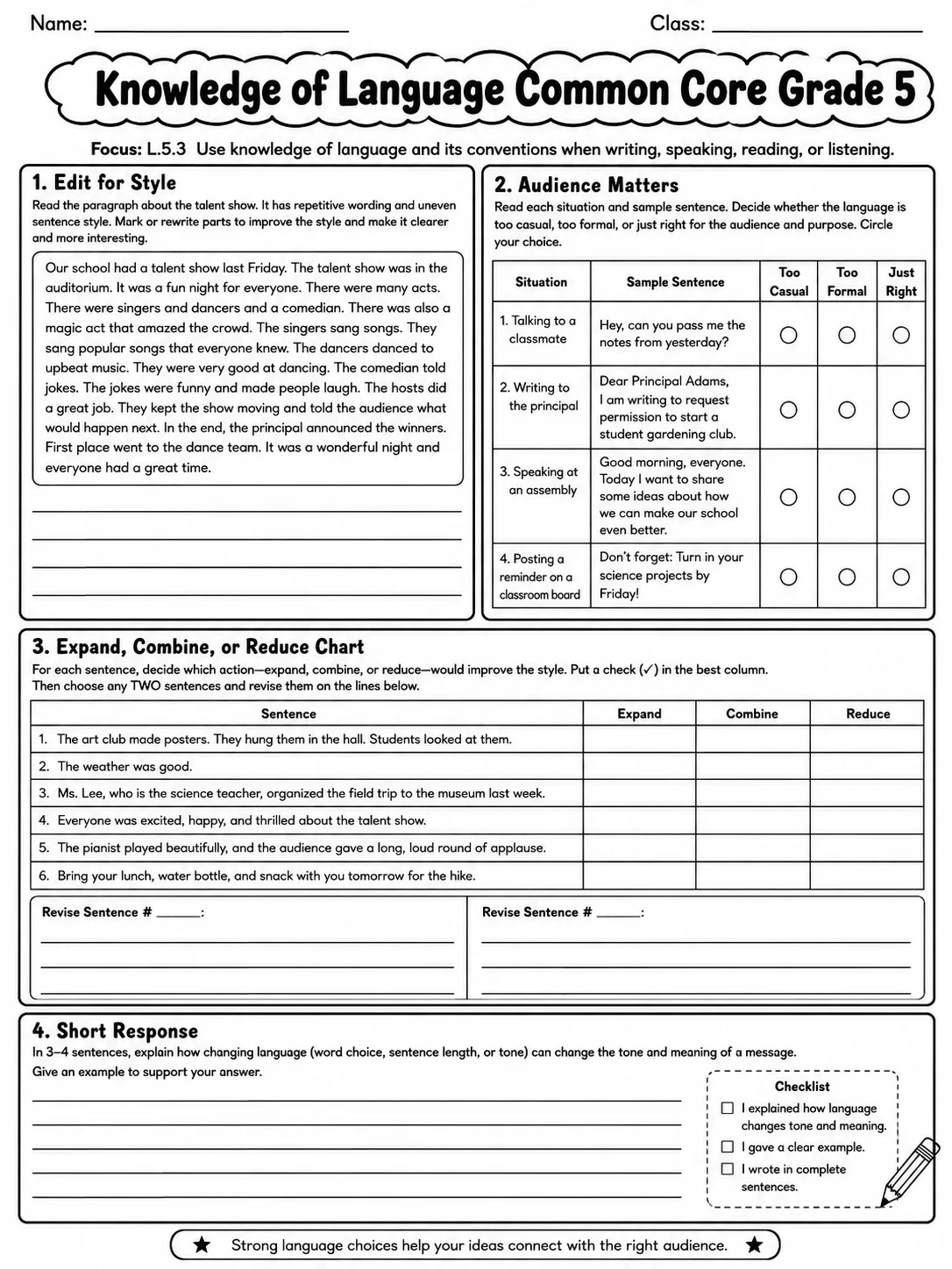 Knowledge of Language Common Core Grade 5 page 6 printable Common Core ELA worksheet preview