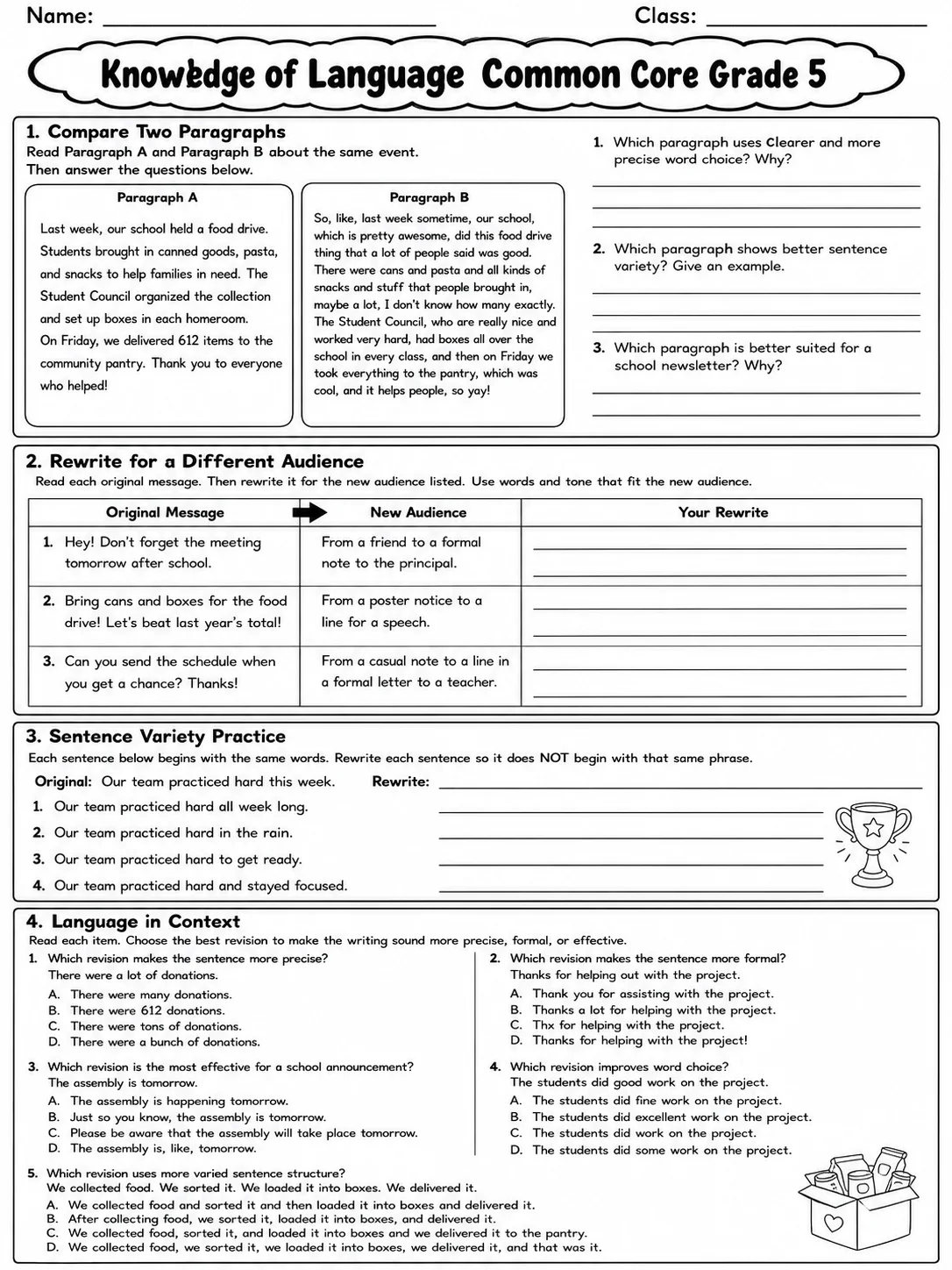 Knowledge of Language Common Core Grade 5 page 7 printable Common Core ELA worksheet preview