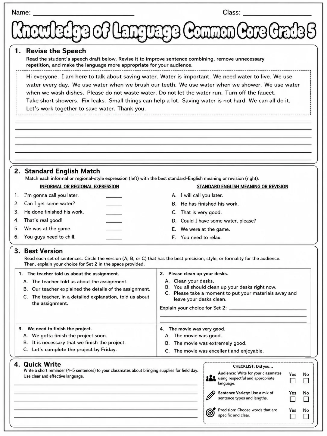 Knowledge of Language Common Core Grade 5 page 8 printable Common Core ELA worksheet preview