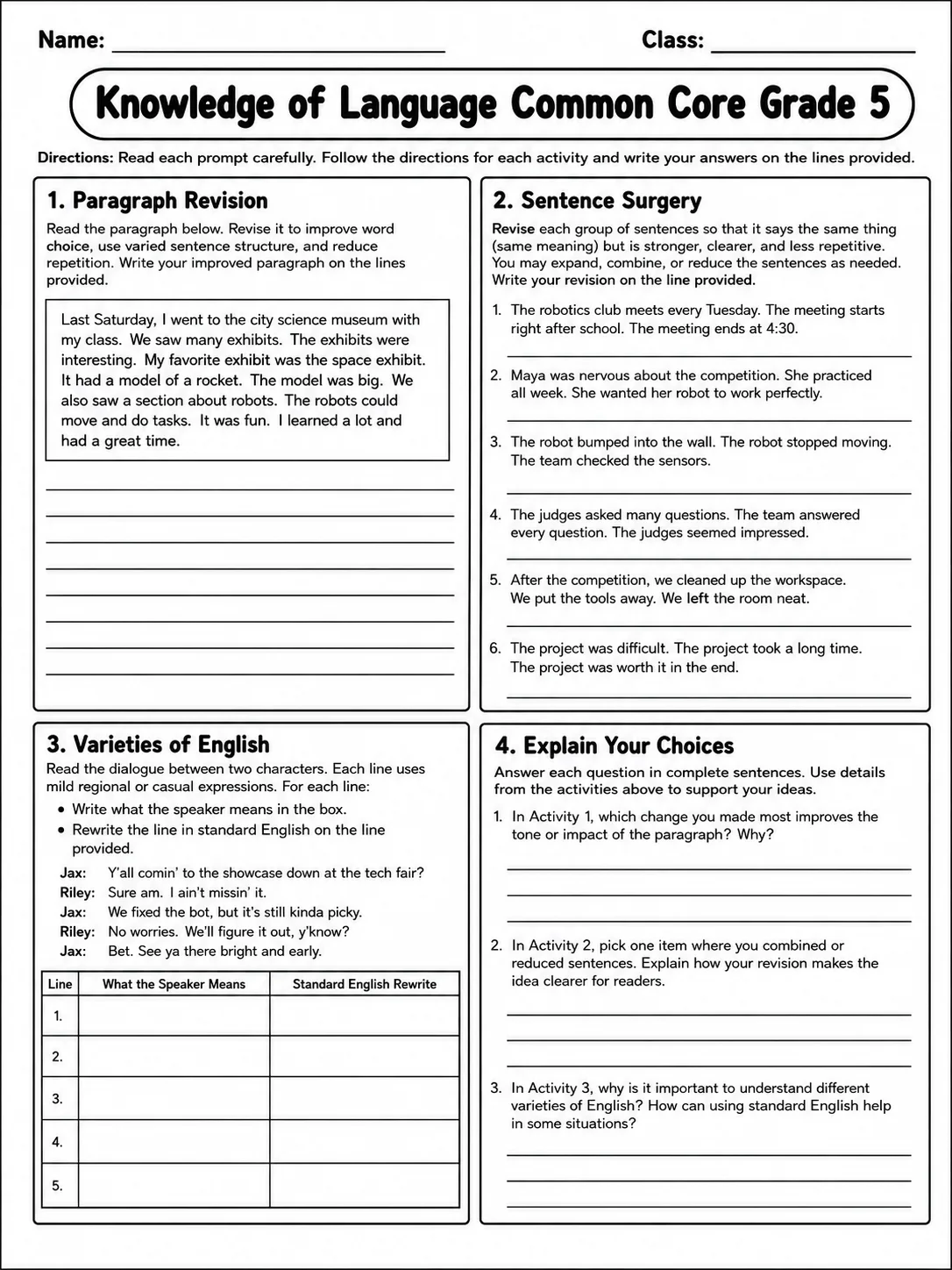 Knowledge of Language Common Core Grade 5 page 9 printable Common Core ELA worksheet preview