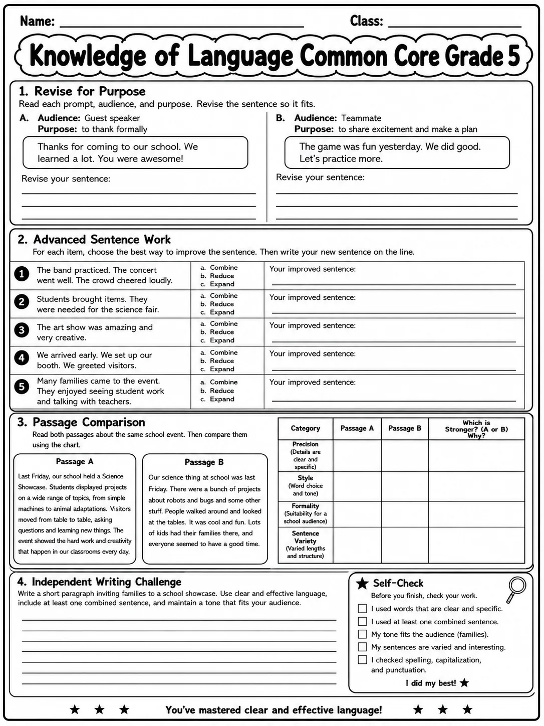 Knowledge of Language Common Core Grade 5 page 10 printable Common Core ELA worksheet preview