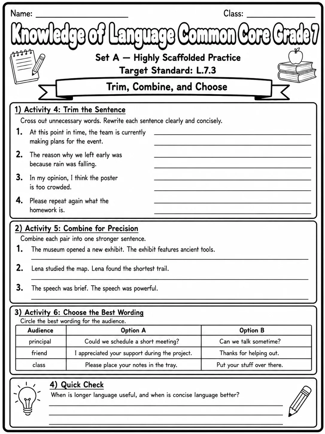Knowledge of Language Common Core Grade 7 page 2 printable Common Core ELA worksheet preview