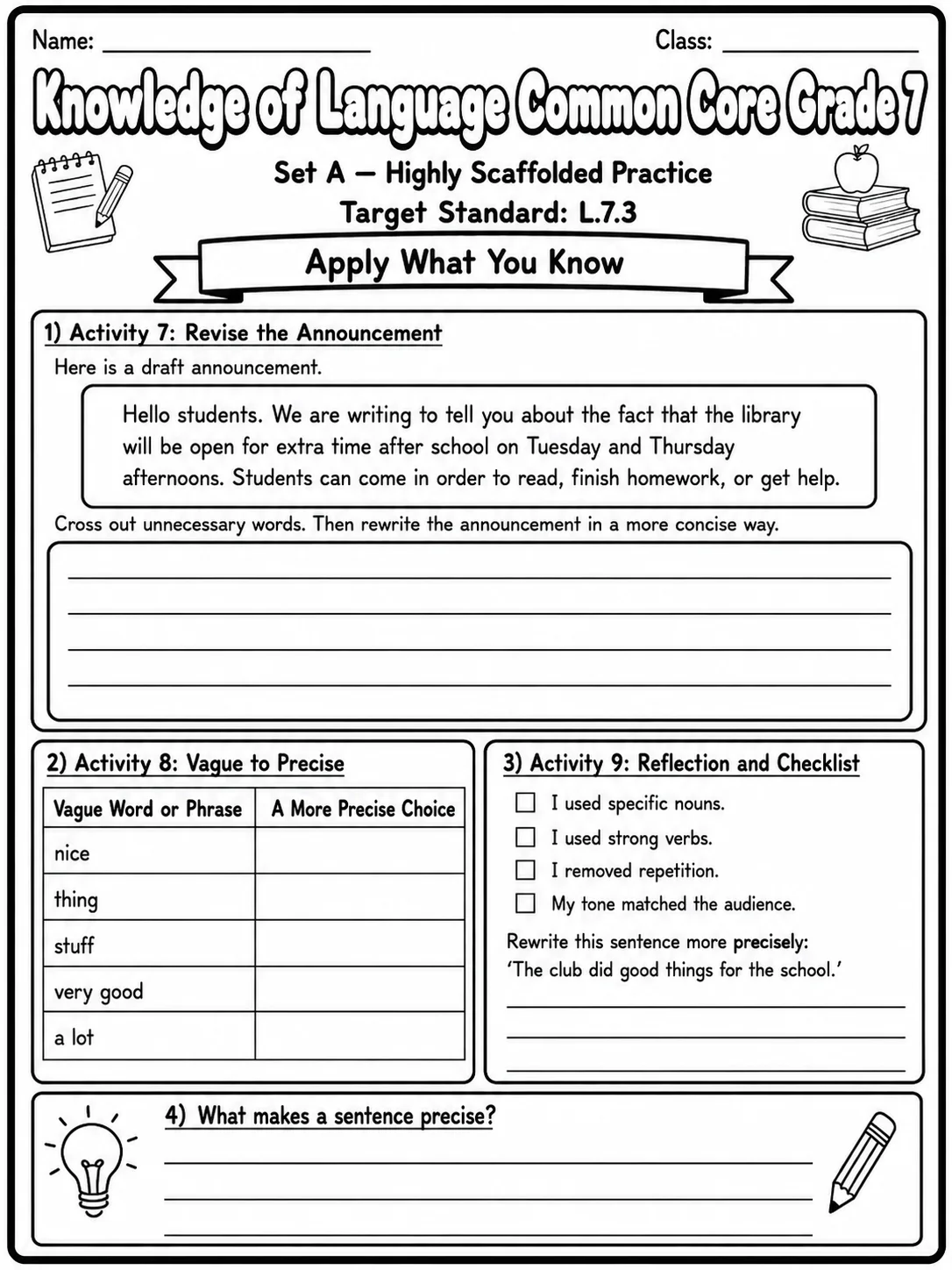 Knowledge of Language Common Core Grade 7 page 3 printable Common Core ELA worksheet preview