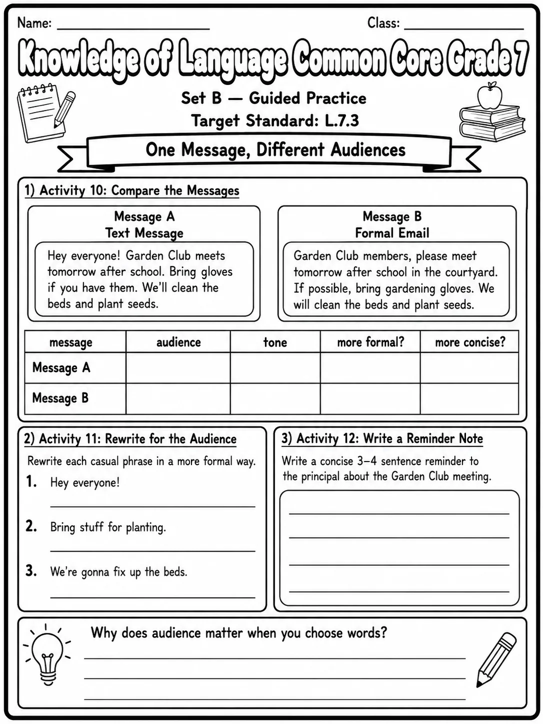 Knowledge of Language Common Core Grade 7 page 4 printable Common Core ELA worksheet preview