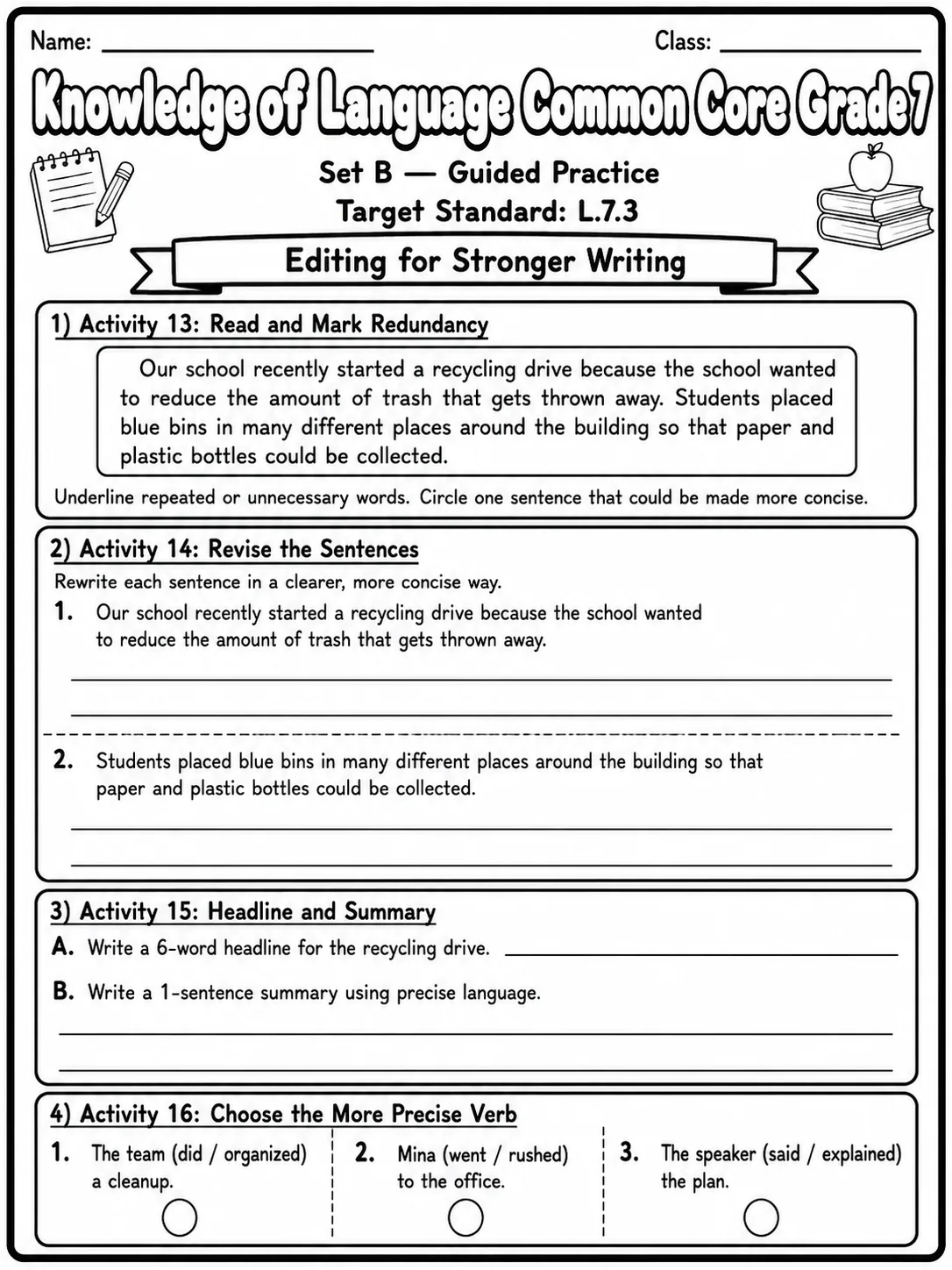 Knowledge of Language Common Core Grade 7 page 5 printable Common Core ELA worksheet preview