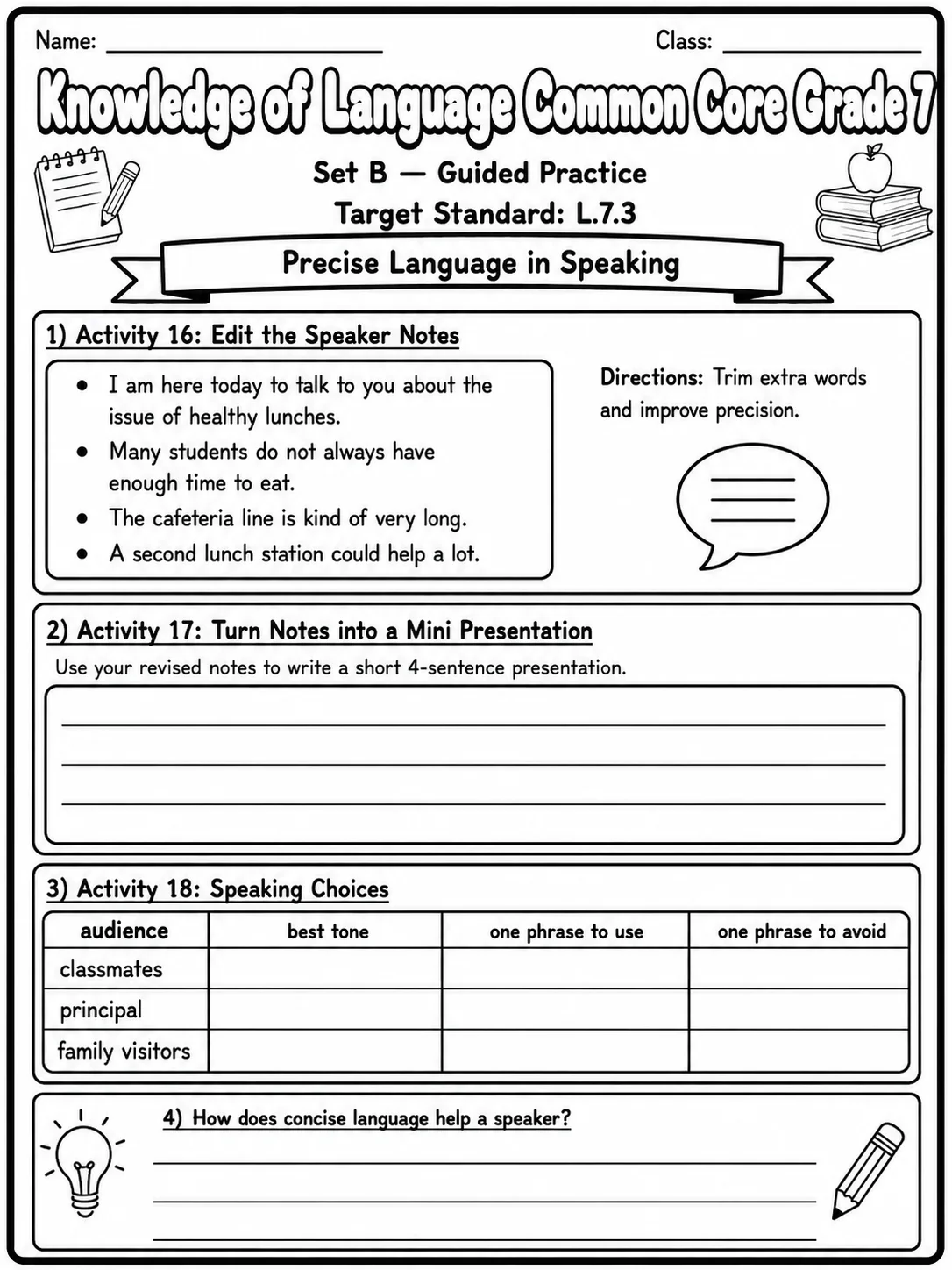 Knowledge of Language Common Core Grade 7 page 6 printable Common Core ELA worksheet preview