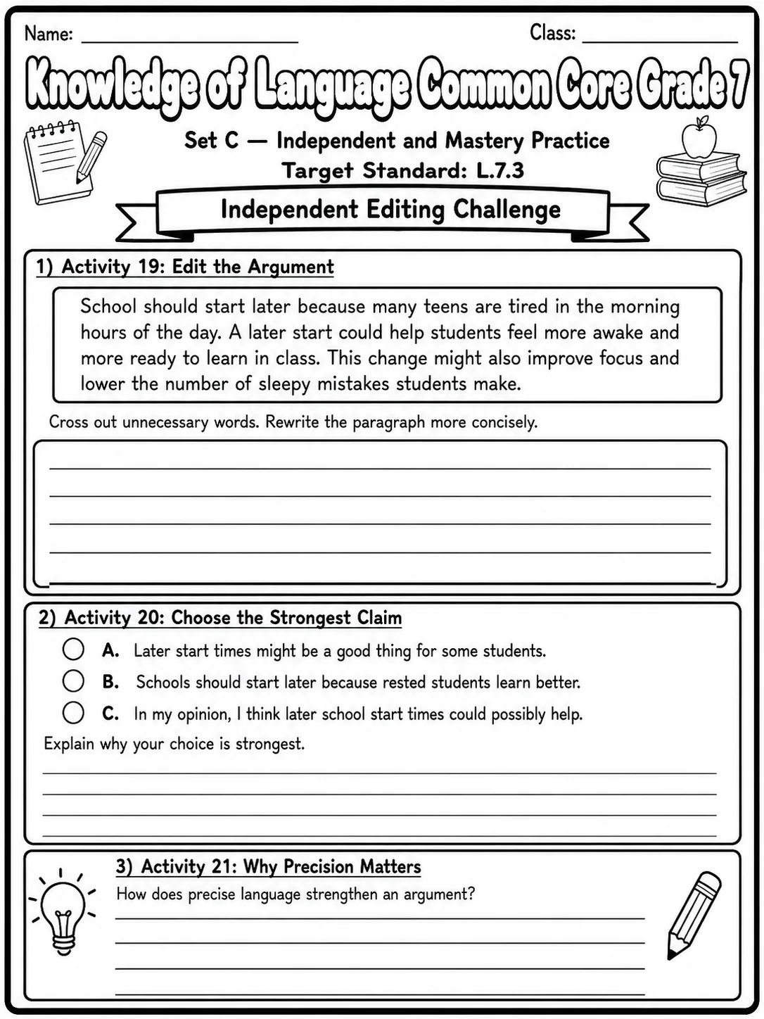 Knowledge of Language Common Core Grade 7 page 7 printable Common Core ELA worksheet preview