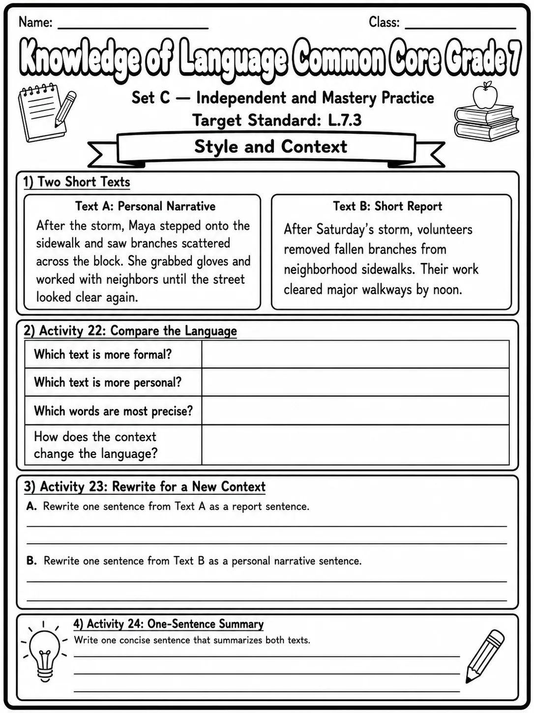 Knowledge of Language Common Core Grade 7 page 8 printable Common Core ELA worksheet preview