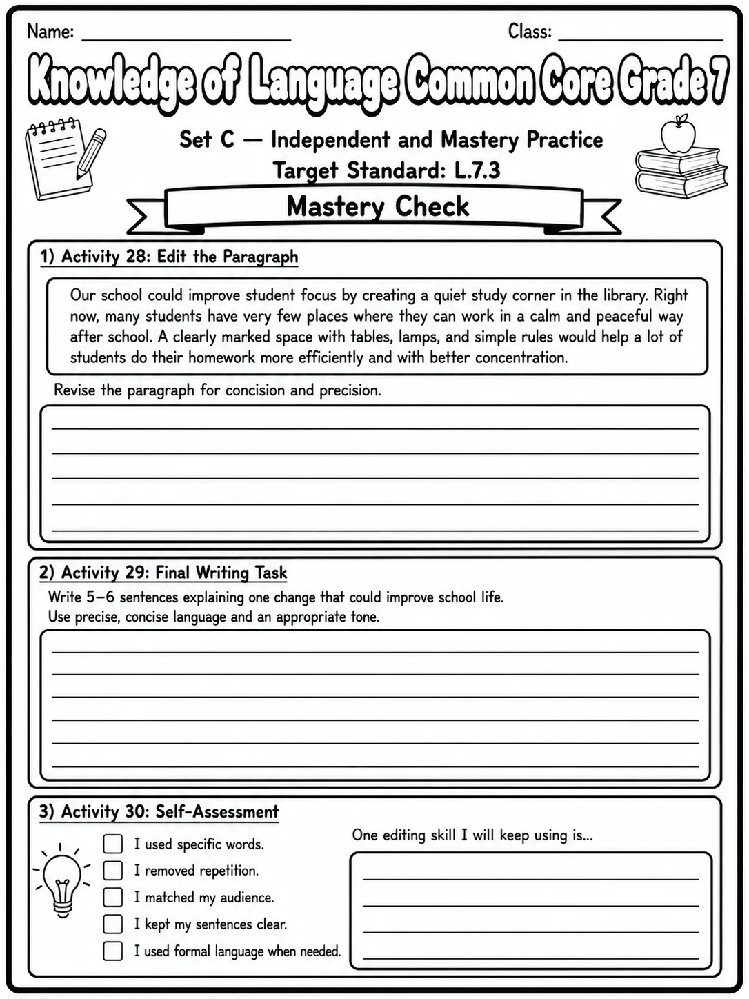 Knowledge of Language Common Core Grade 7 page 10 printable Common Core ELA worksheet preview