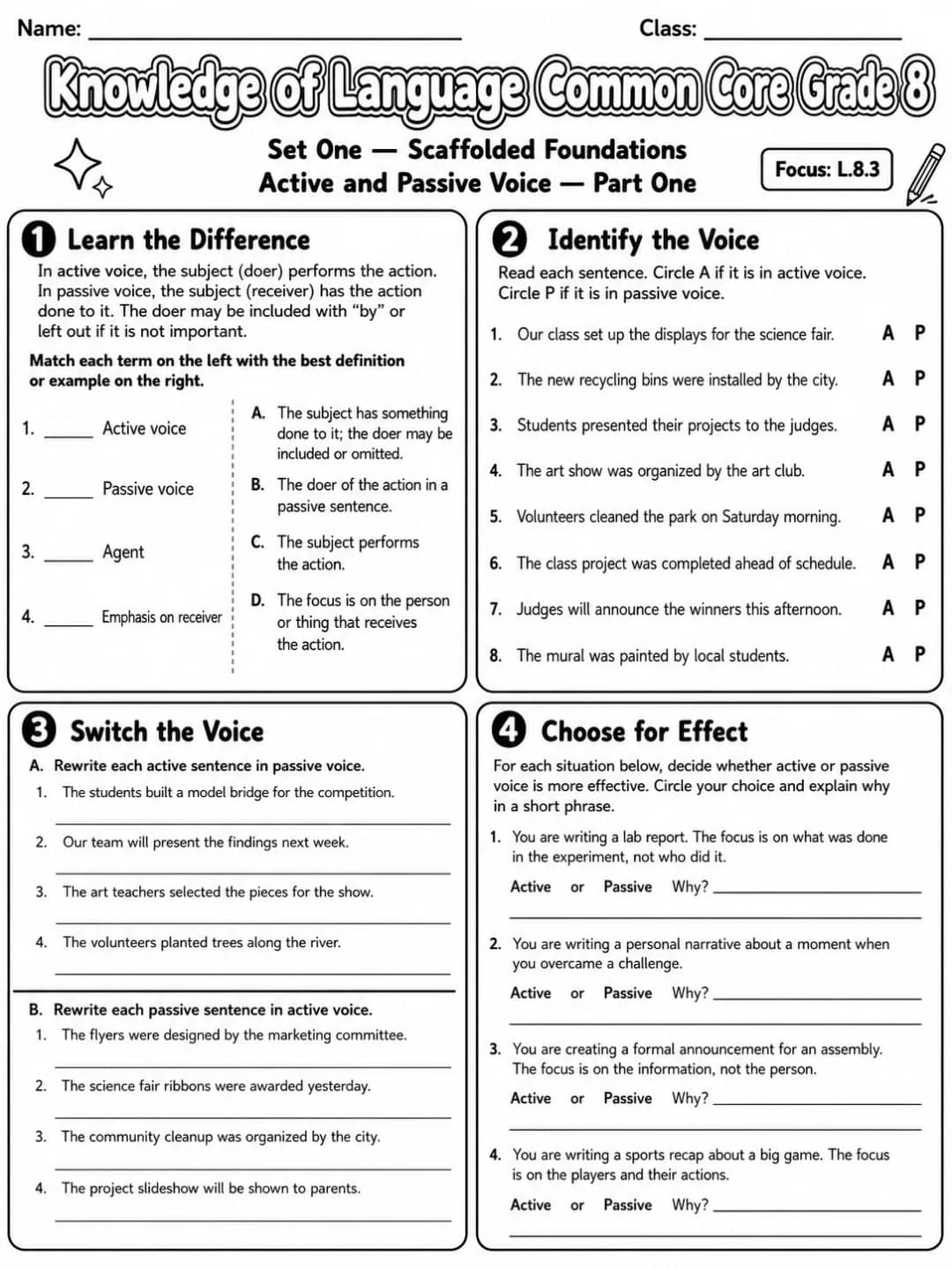 Knowledge of Language Common Core Grade 8 printable Common Core ELA Grade 8 worksheet preview from KiwiBee
