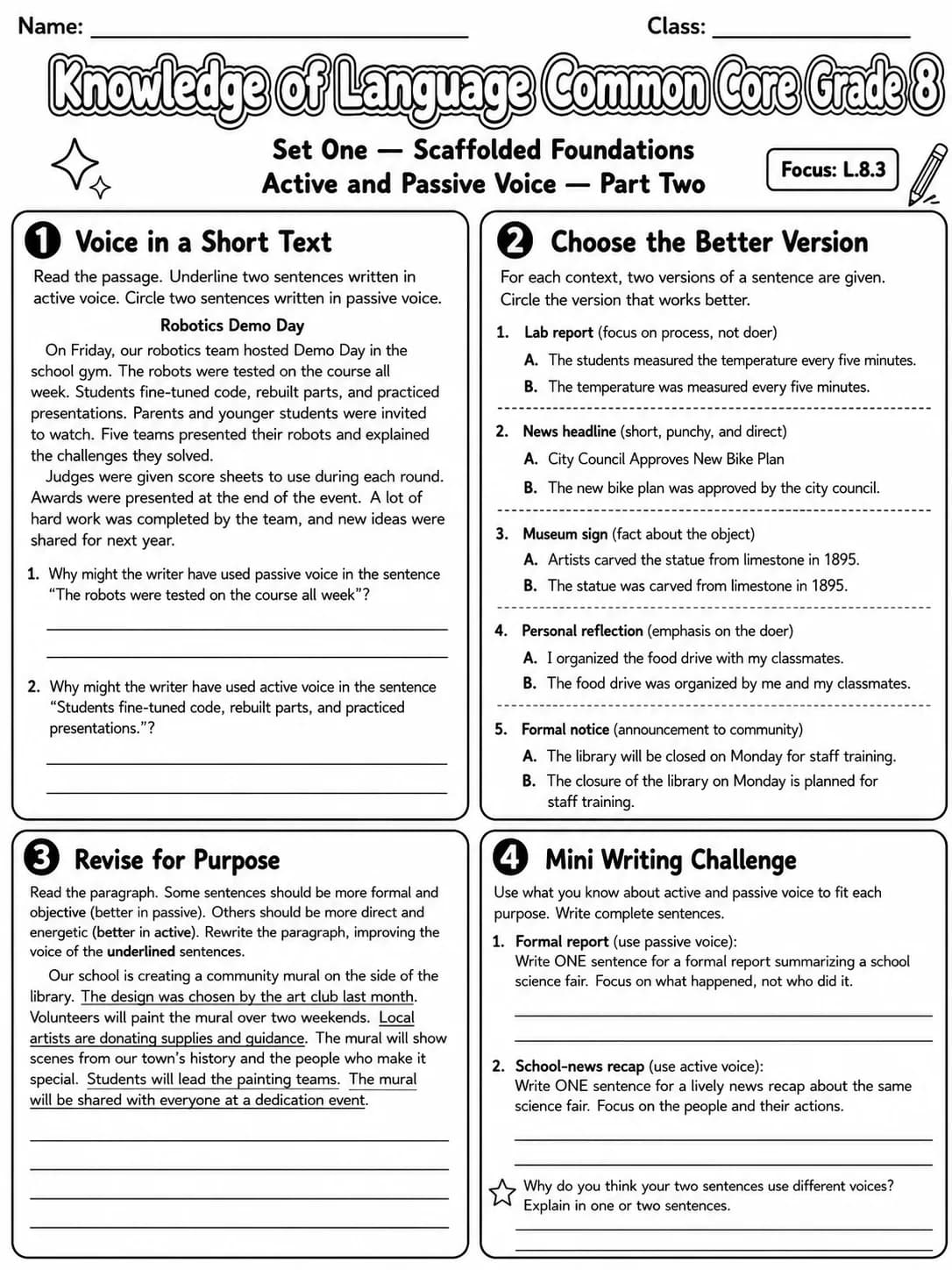 Knowledge of Language Common Core Grade 8 page 2 printable Common Core ELA worksheet preview