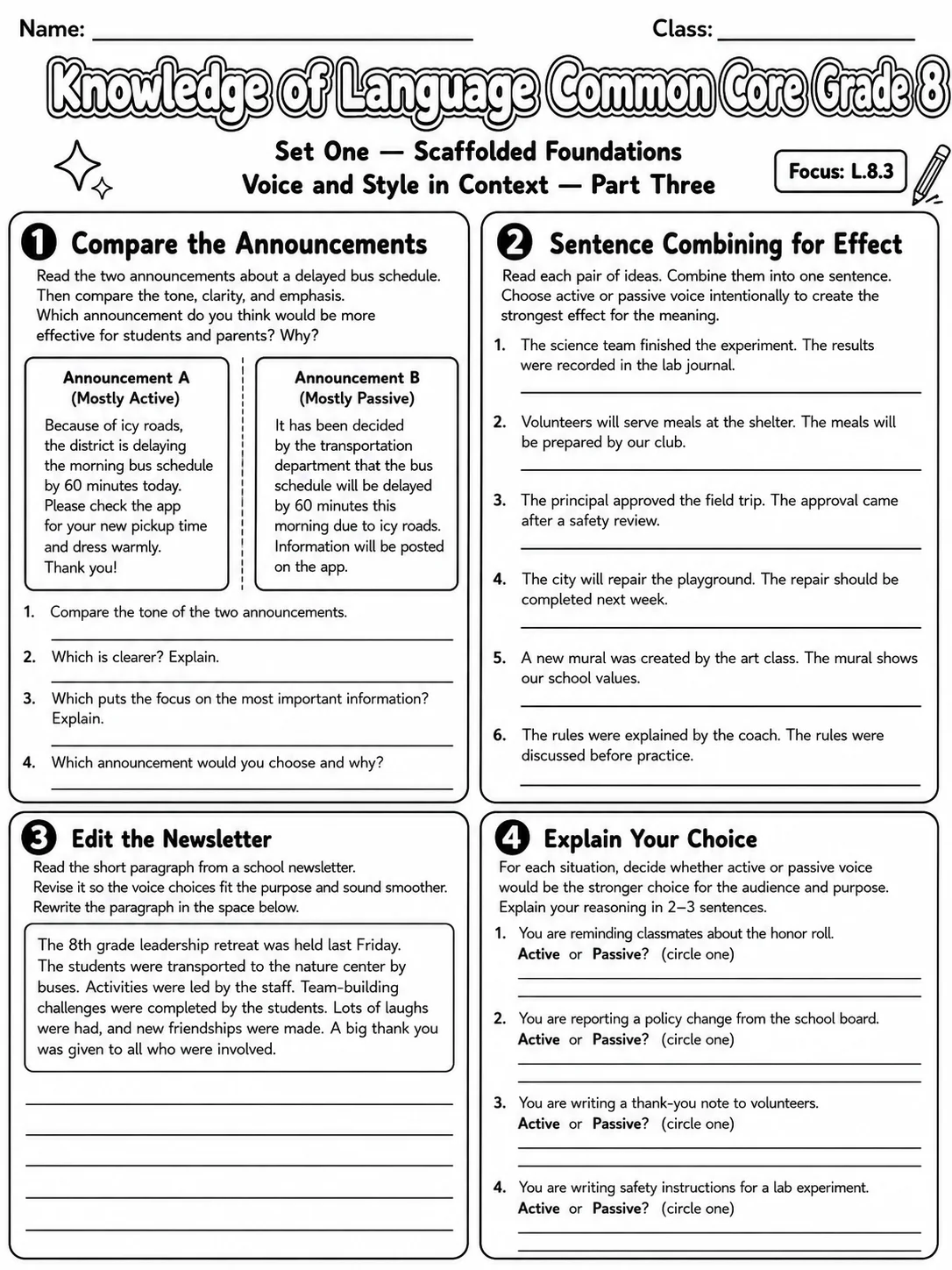 Knowledge of Language Common Core Grade 8 page 3 printable Common Core ELA worksheet preview