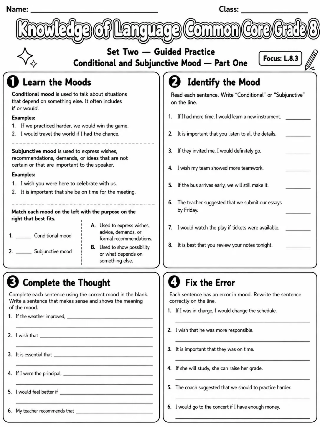 Knowledge of Language Common Core Grade 8 page 4 printable Common Core ELA worksheet preview