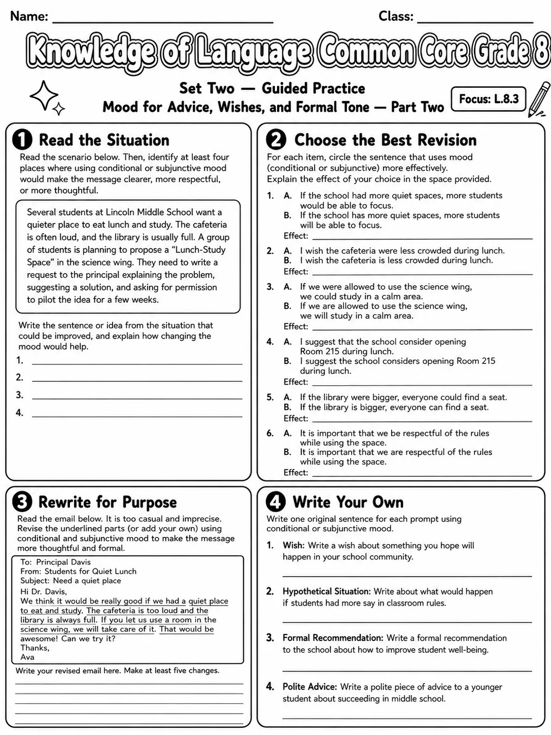 Knowledge of Language Common Core Grade 8 page 5 printable Common Core ELA worksheet preview
